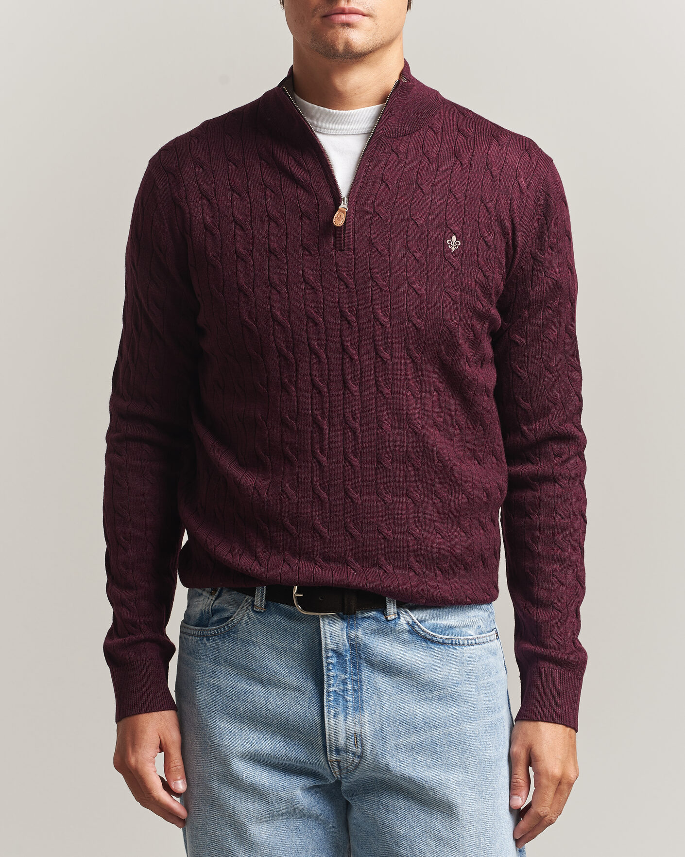 Herre | Gensere | Morris | Merino Cable Half Zip Wine Red