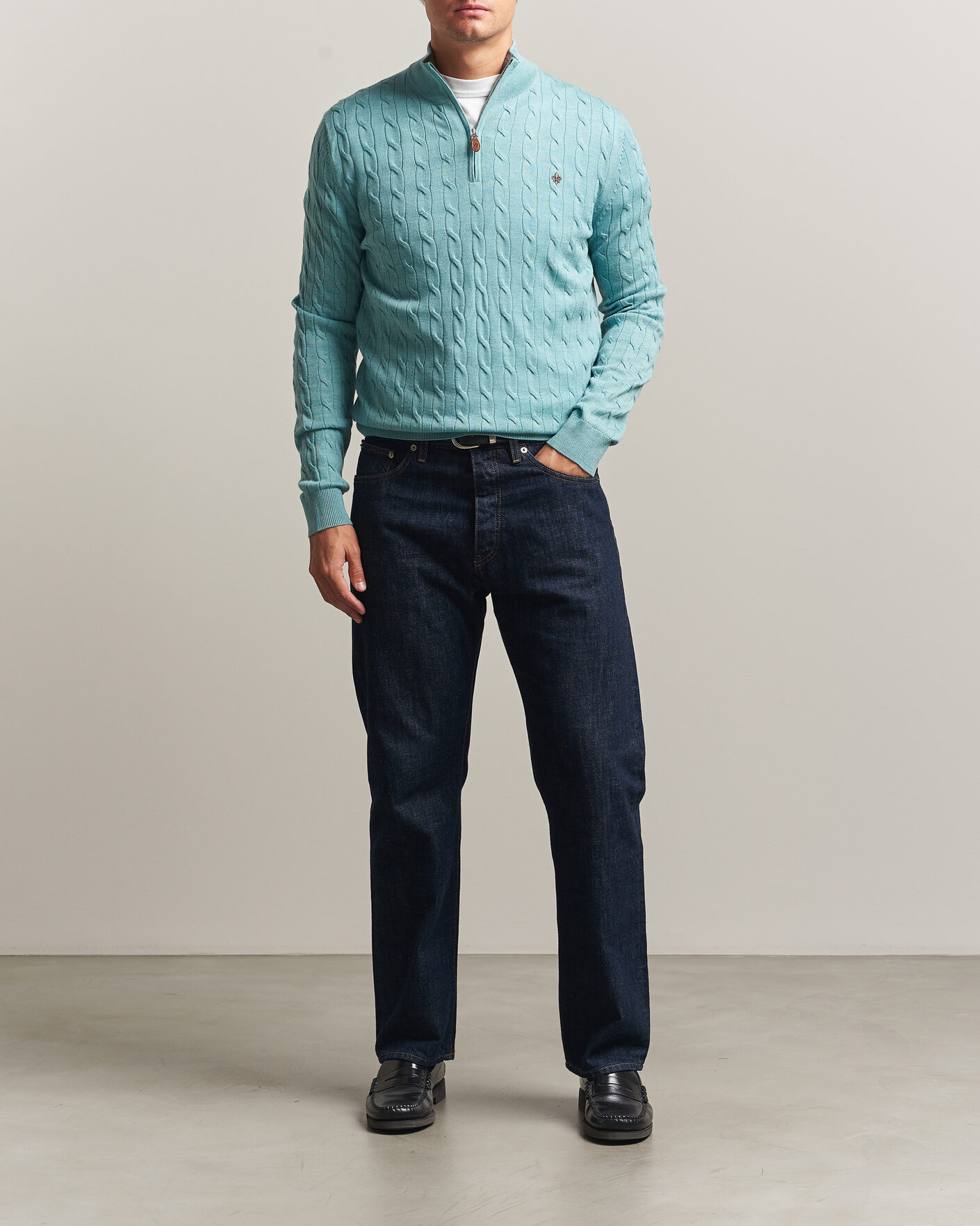 Herre | Gensere | Morris | Merino Cable Half Zip Ocean Blue