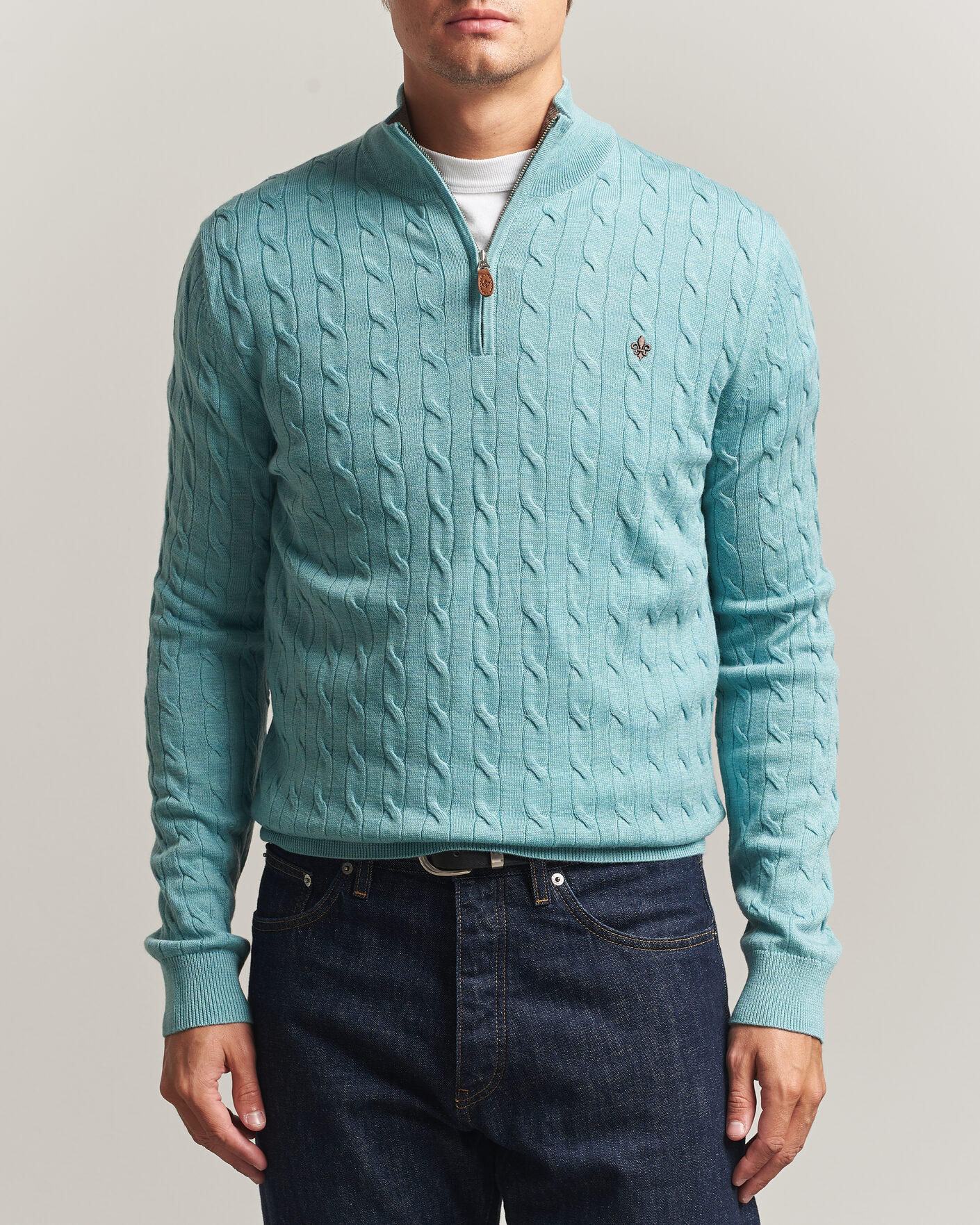 Herre | Gensere | Morris | Merino Cable Half Zip Ocean Blue