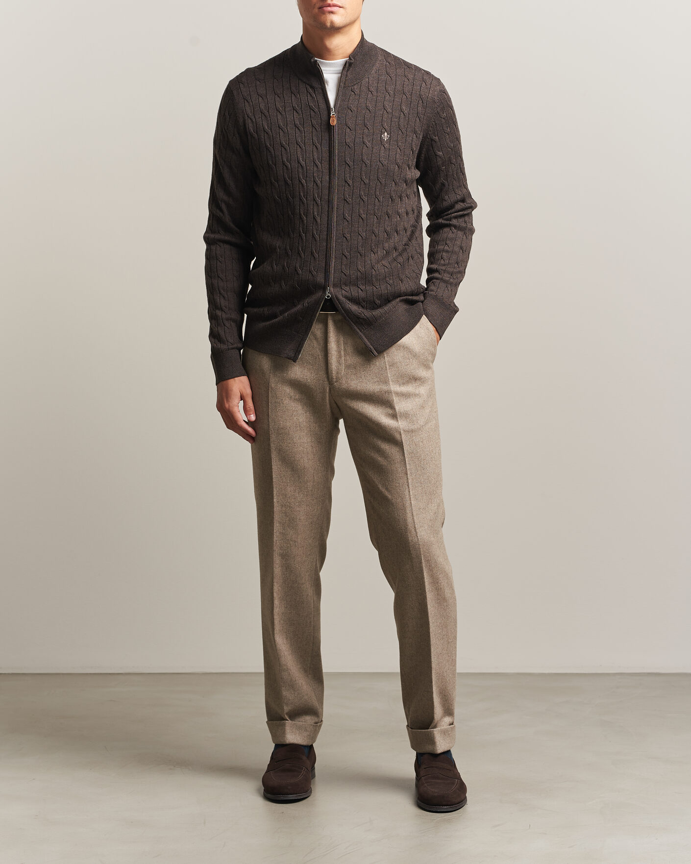 Herre | Gensere | Morris | Merino Cable Zip Cardigan Brown
