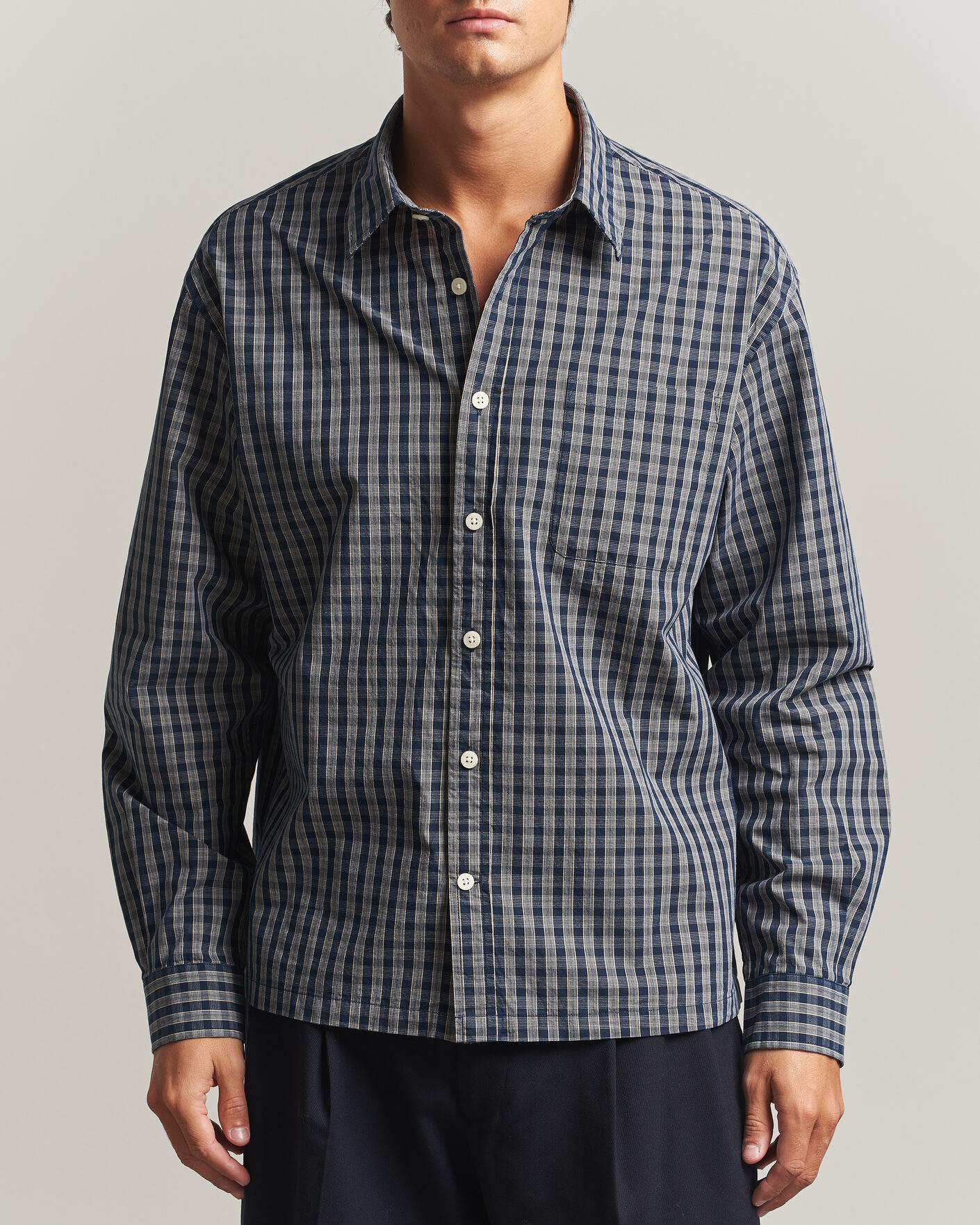 Herre | Skjorter | NN07 | Deon Brushed Cotton Checked Shirt Navy Blue