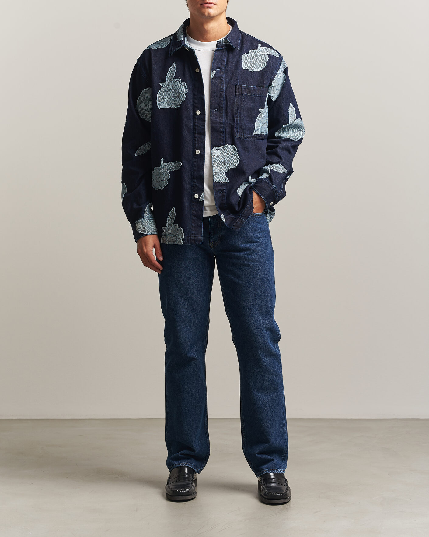 Herre | Skjorter | NN07 | Adwin Fil‑coupé Jacquard Denim Overshirt Dark Blue