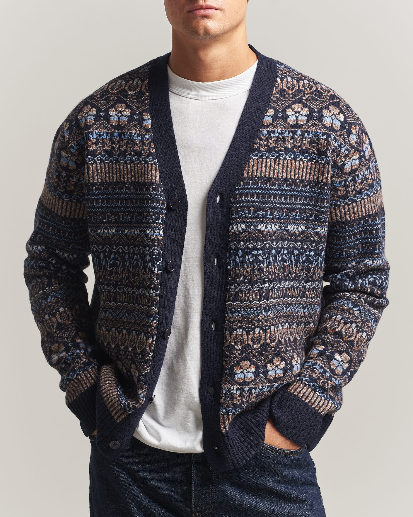 Herre | Gensere | NN07 | Tobias Fairisle Wool Knitted Cardigan Navy Blue