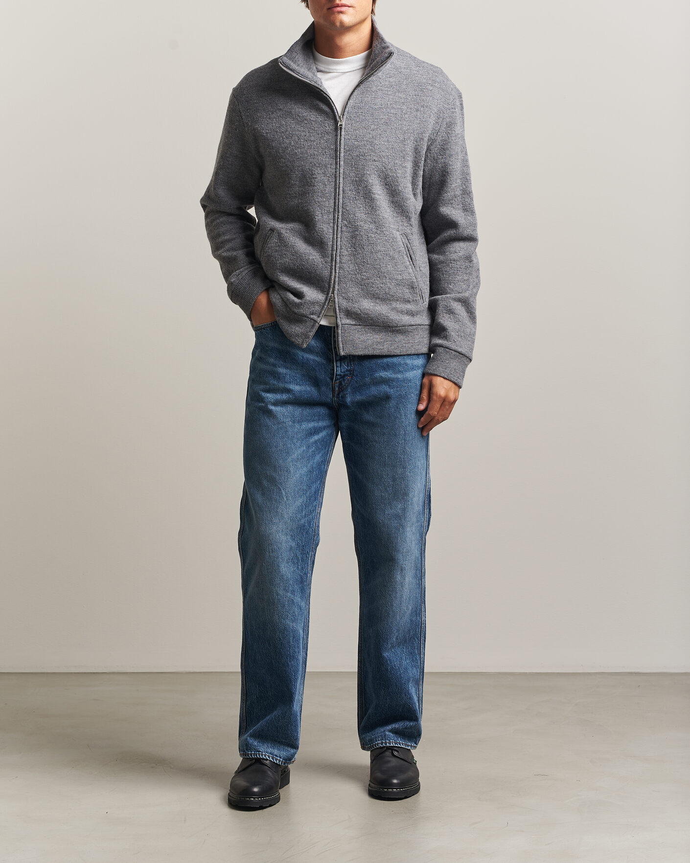 Herre | Gensere | NN07 | Soft Boiled Wool Full Zip Dark Grey Melange