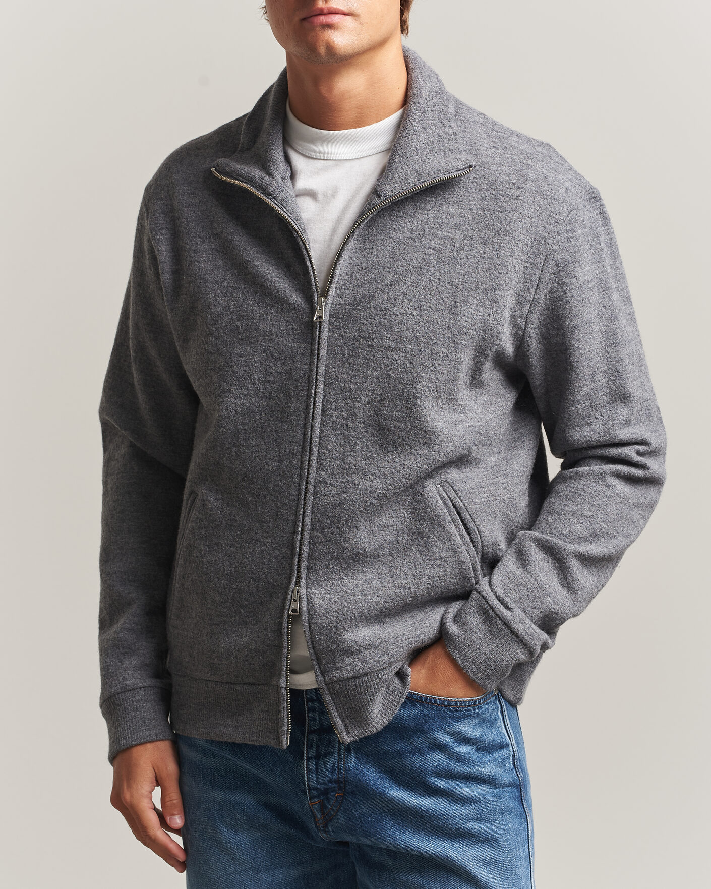 Herre | Gensere | NN07 | Soft Boiled Wool Full Zip Dark Grey Melange
