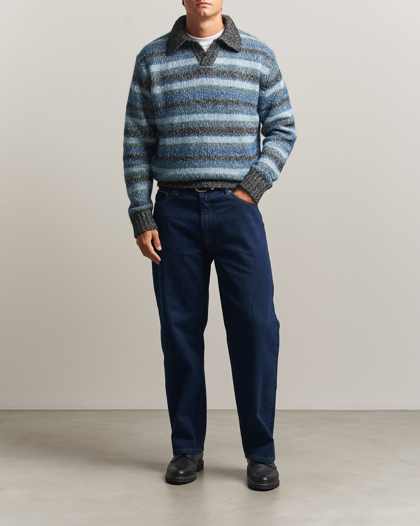 Herre | Gensere | NN07 | Erling Striped Knitted Polo Navy Multi