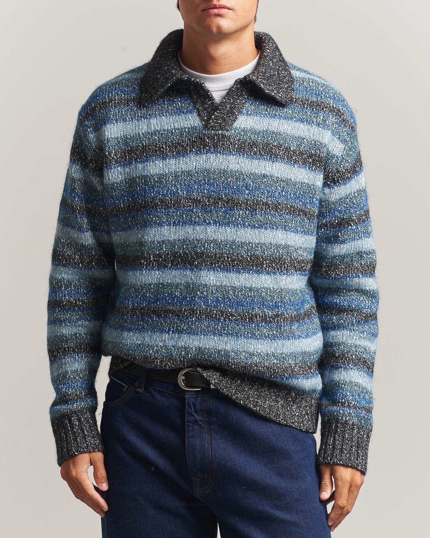 Herre | Gensere | NN07 | Erling Striped Knitted Polo Navy Multi