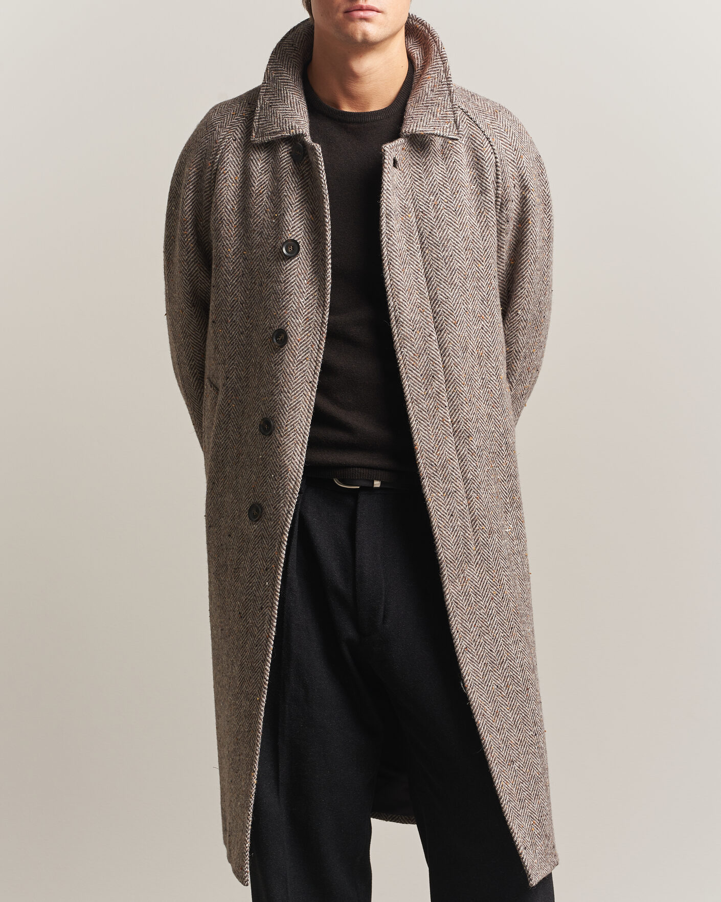 Herre | Jakker | Oscar Jacobson | Raglan Herringbone Wool Coat Beige