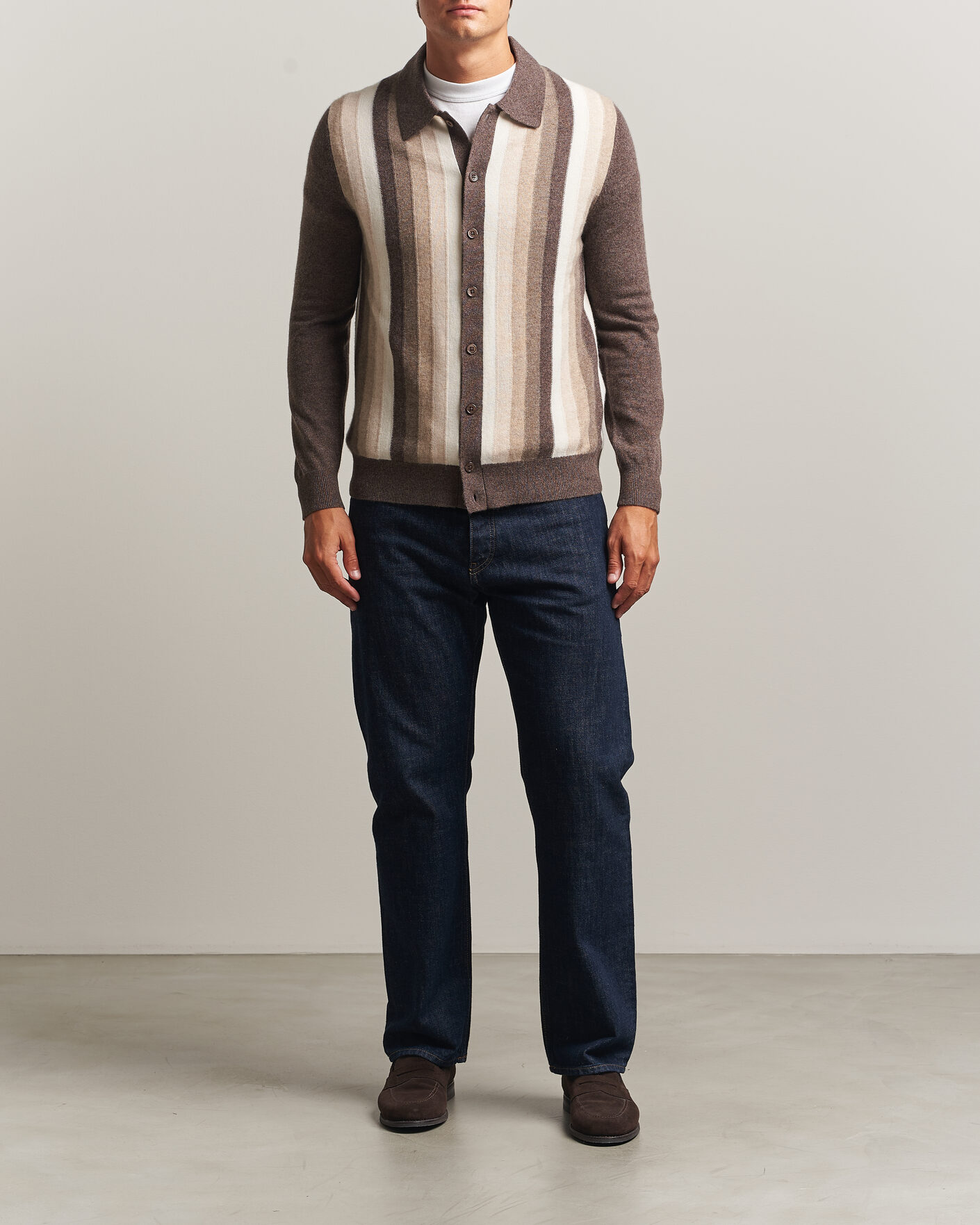Herre | Gensere | Stenströms | Cashmere Striped Polo Cardigan Brown