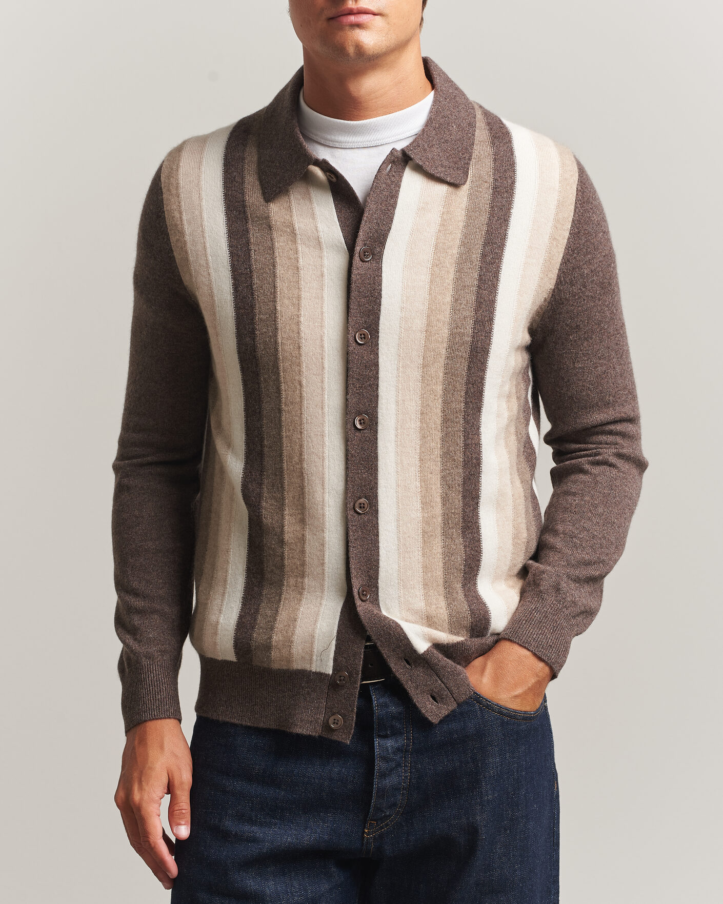 Herre | Gensere | Stenströms | Cashmere Striped Polo Cardigan Brown
