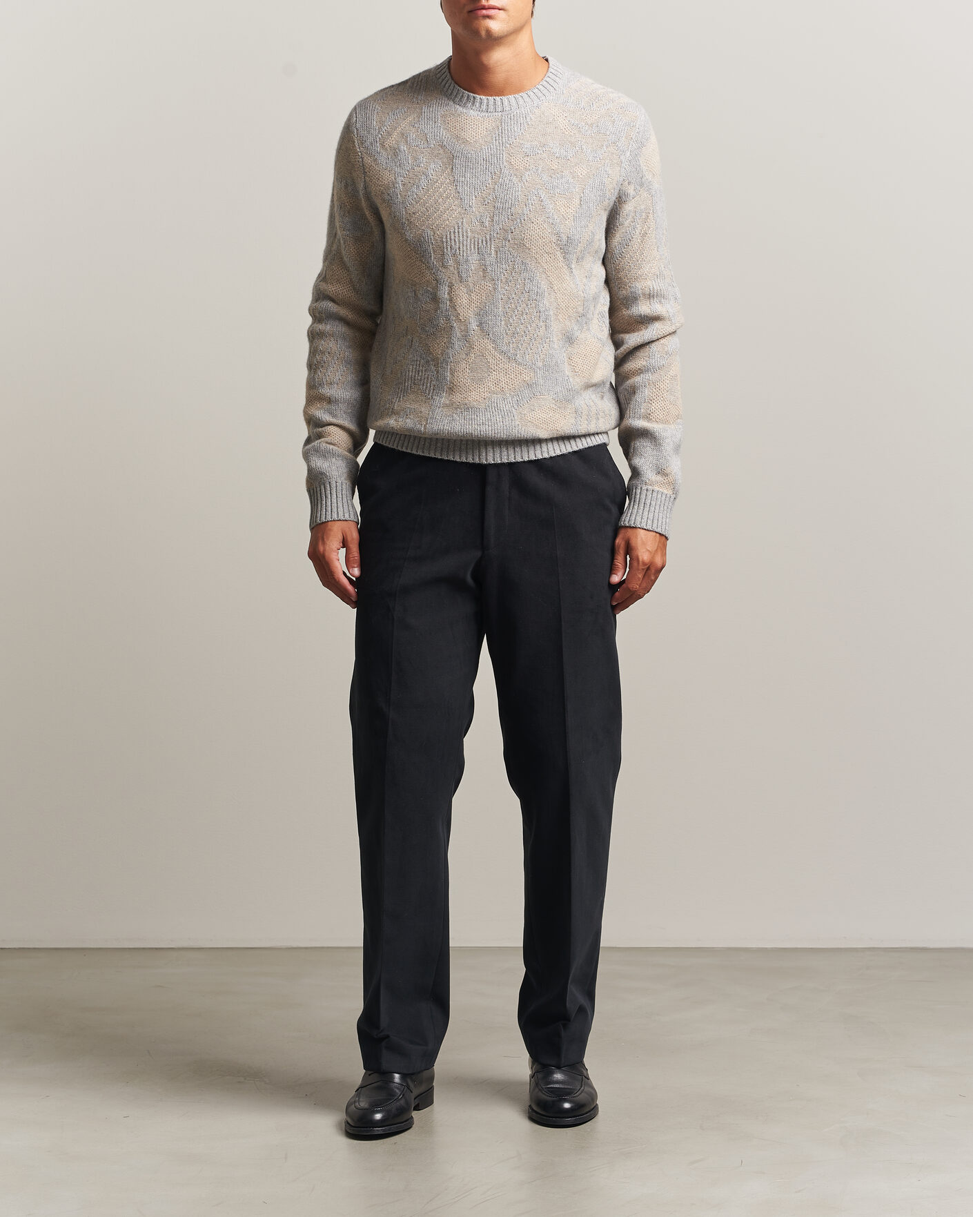 Herre | Gensere | Stenströms | Knitted Jaquard Yak/Merino Sweater Beige Grey