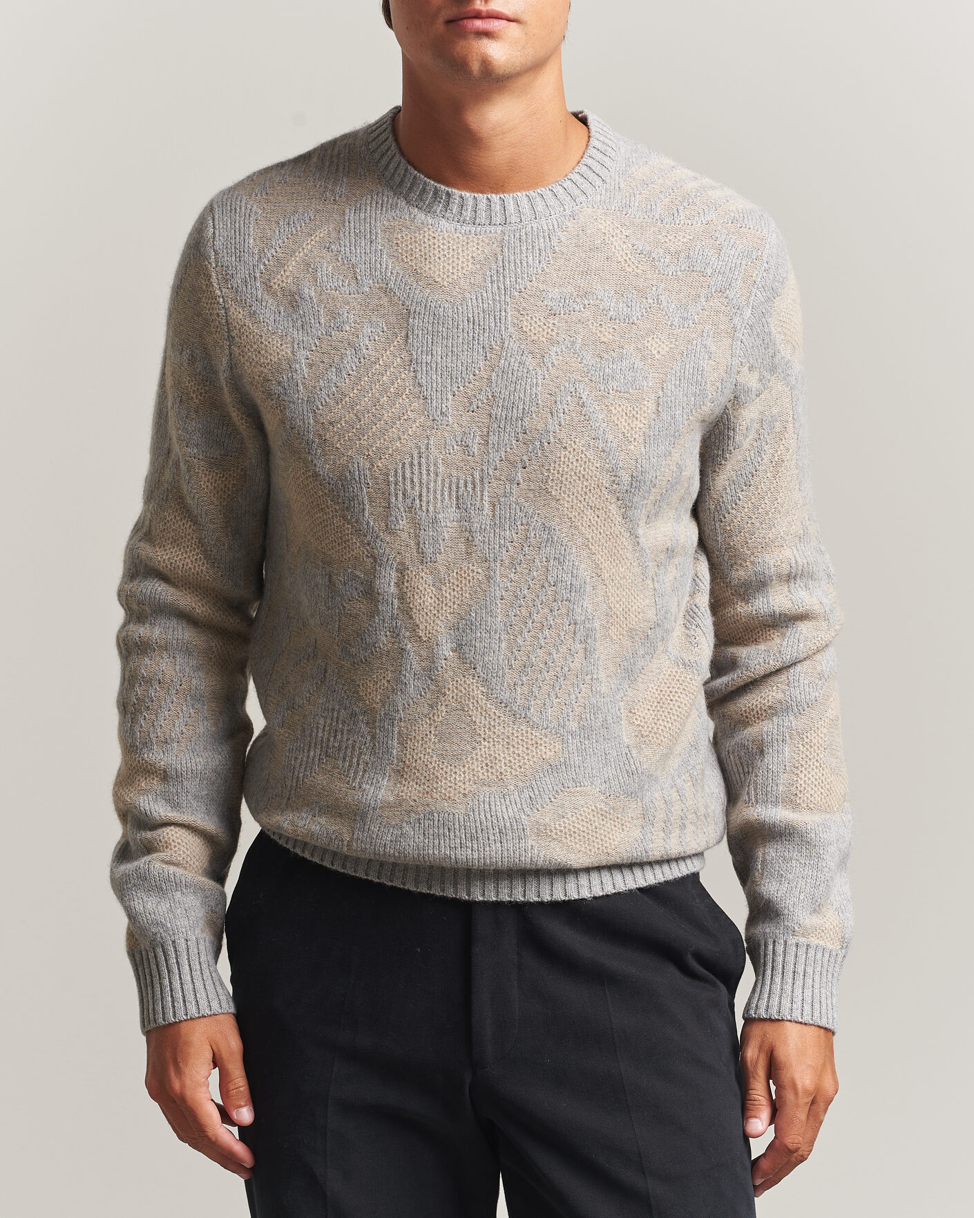 Herre | Gensere | Stenströms | Knitted Jaquard Yak/Merino Sweater Beige Grey