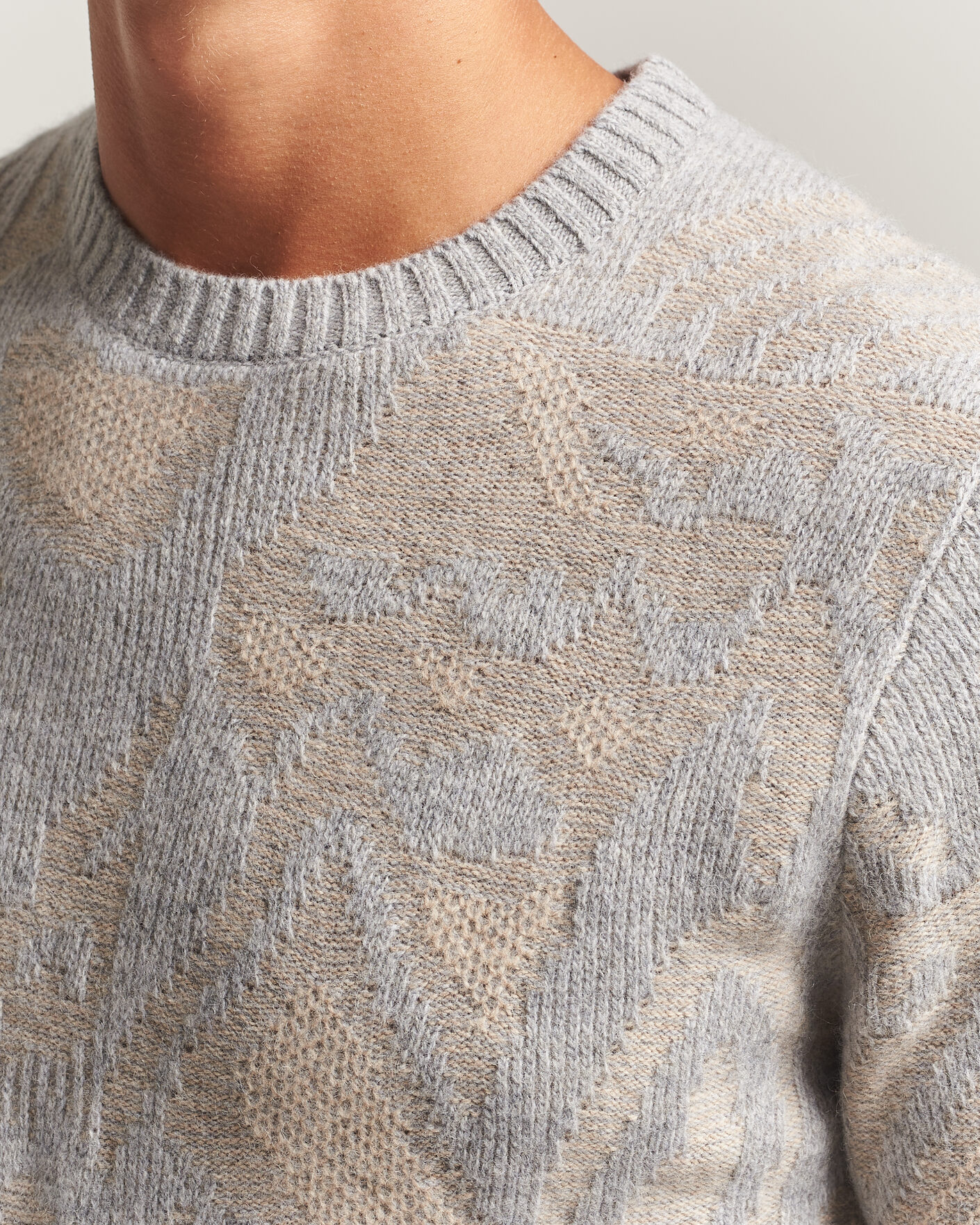 Herre | Gensere | Stenströms | Knitted Jaquard Yak/Merino Sweater Beige Grey