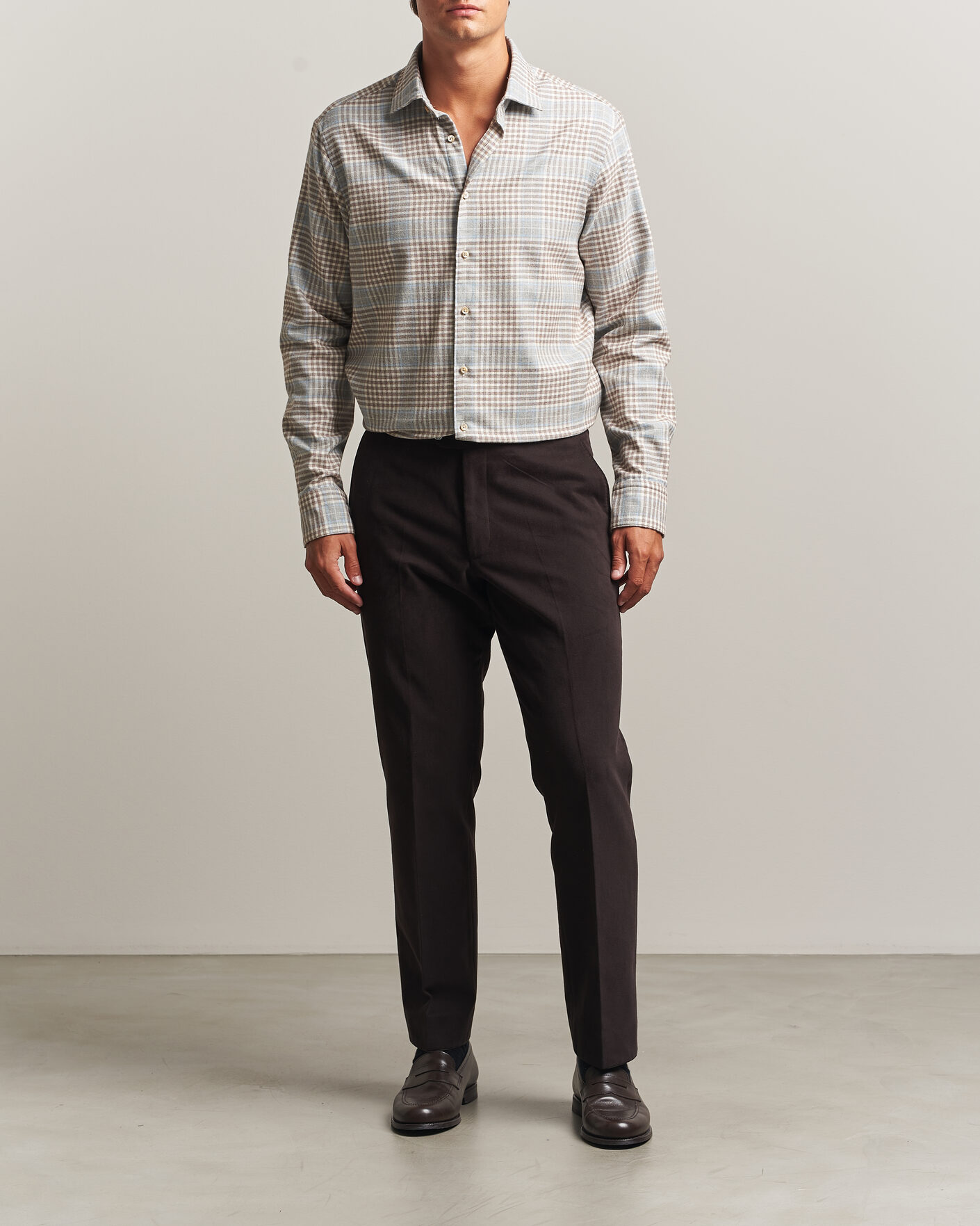 Herre | Skjorter | Stenströms | Regular Fit Overcheck Flannel Shirt Light Brown