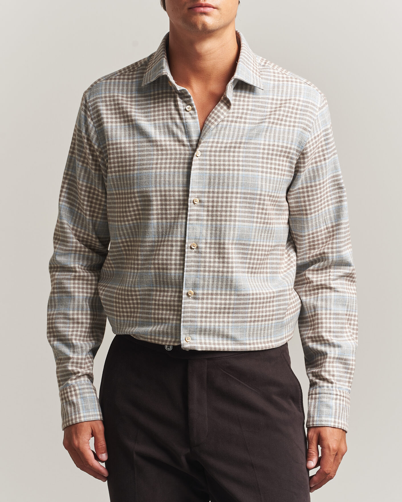 Herre | Skjorter | Stenströms | Regular Fit Overcheck Flannel Shirt Light Brown