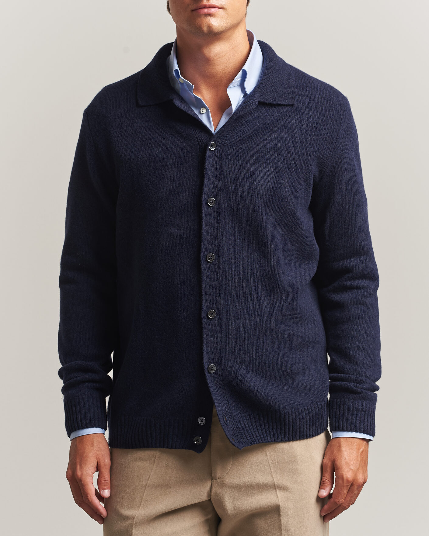 Herre | Gensere | Stenströms | Brushed Merino Polo Cardigan Navy