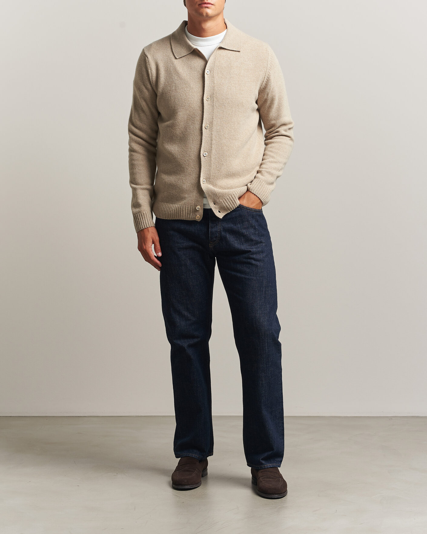 Herre | Gensere | Stenströms | Brushed Merino Polo Cardigan Beige