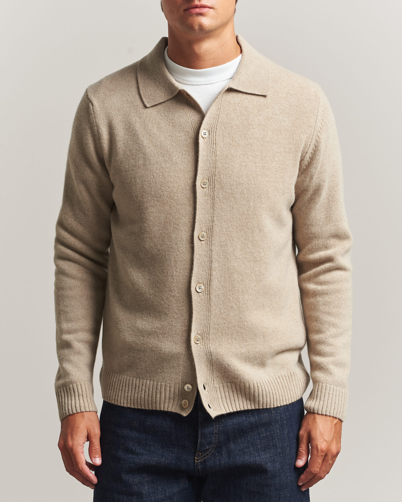 Herre | Gensere | Stenströms | Brushed Merino Polo Cardigan Beige