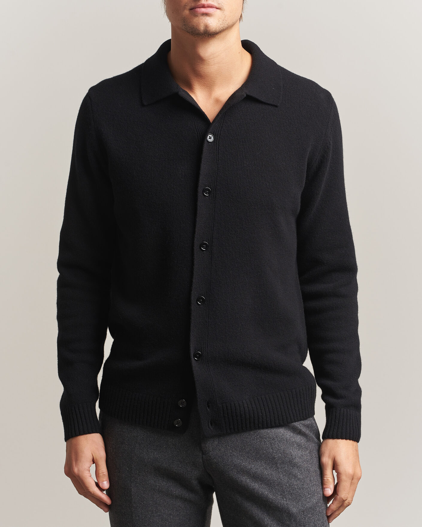 Herre | Gensere | Stenströms | Brushed Merino Polo Cardigan Black