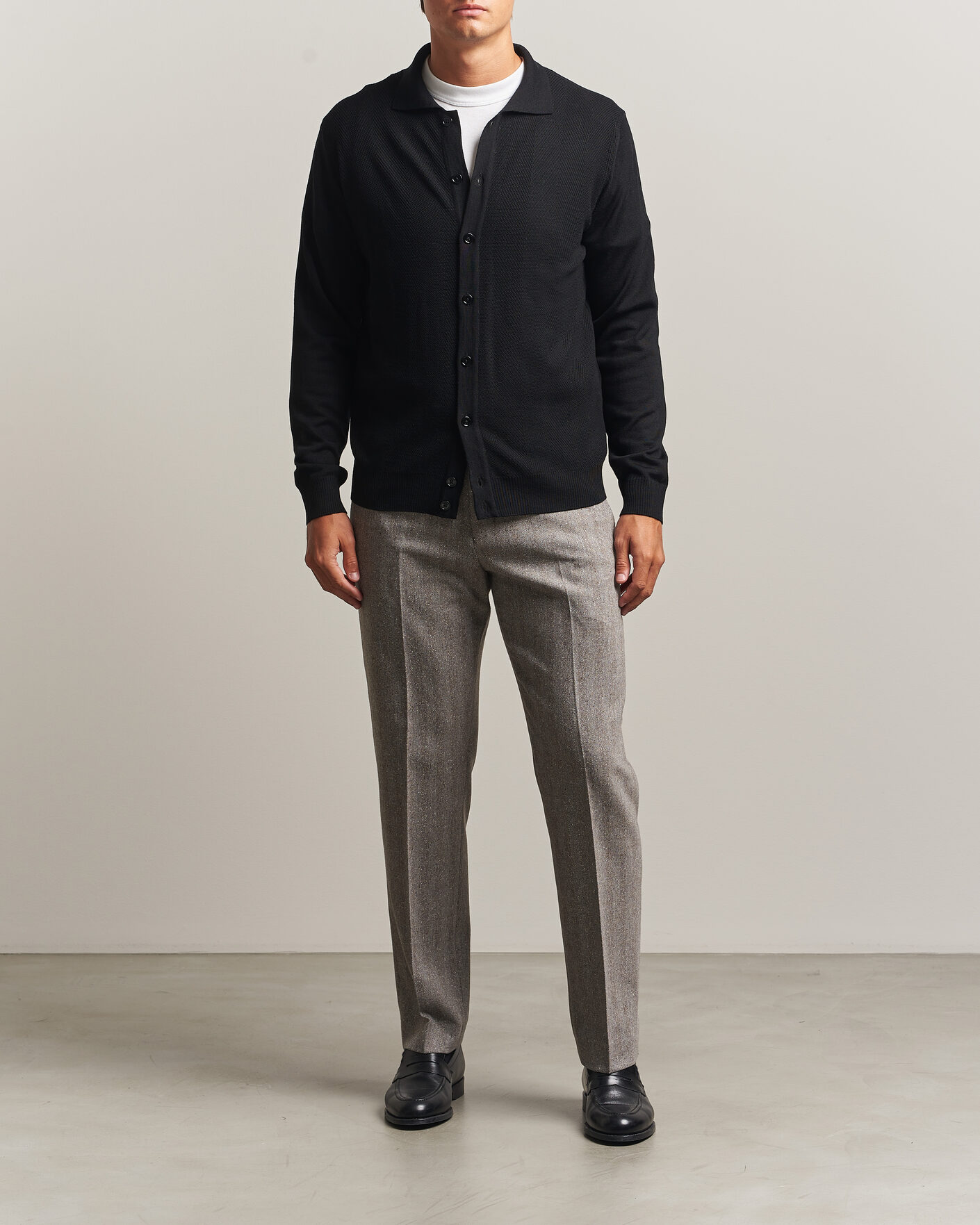 Herre | Gensere | Stenströms | Merino Herringbone Polo Cardigan Black