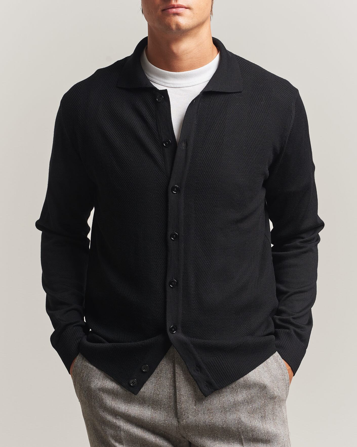 Herre | Gensere | Stenströms | Merino Herringbone Polo Cardigan Black