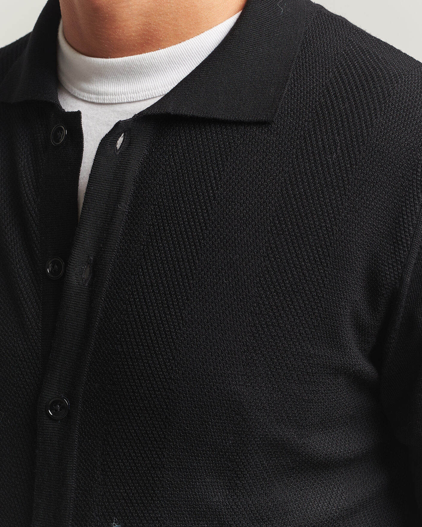 Herre | Gensere | Stenströms | Merino Herringbone Polo Cardigan Black