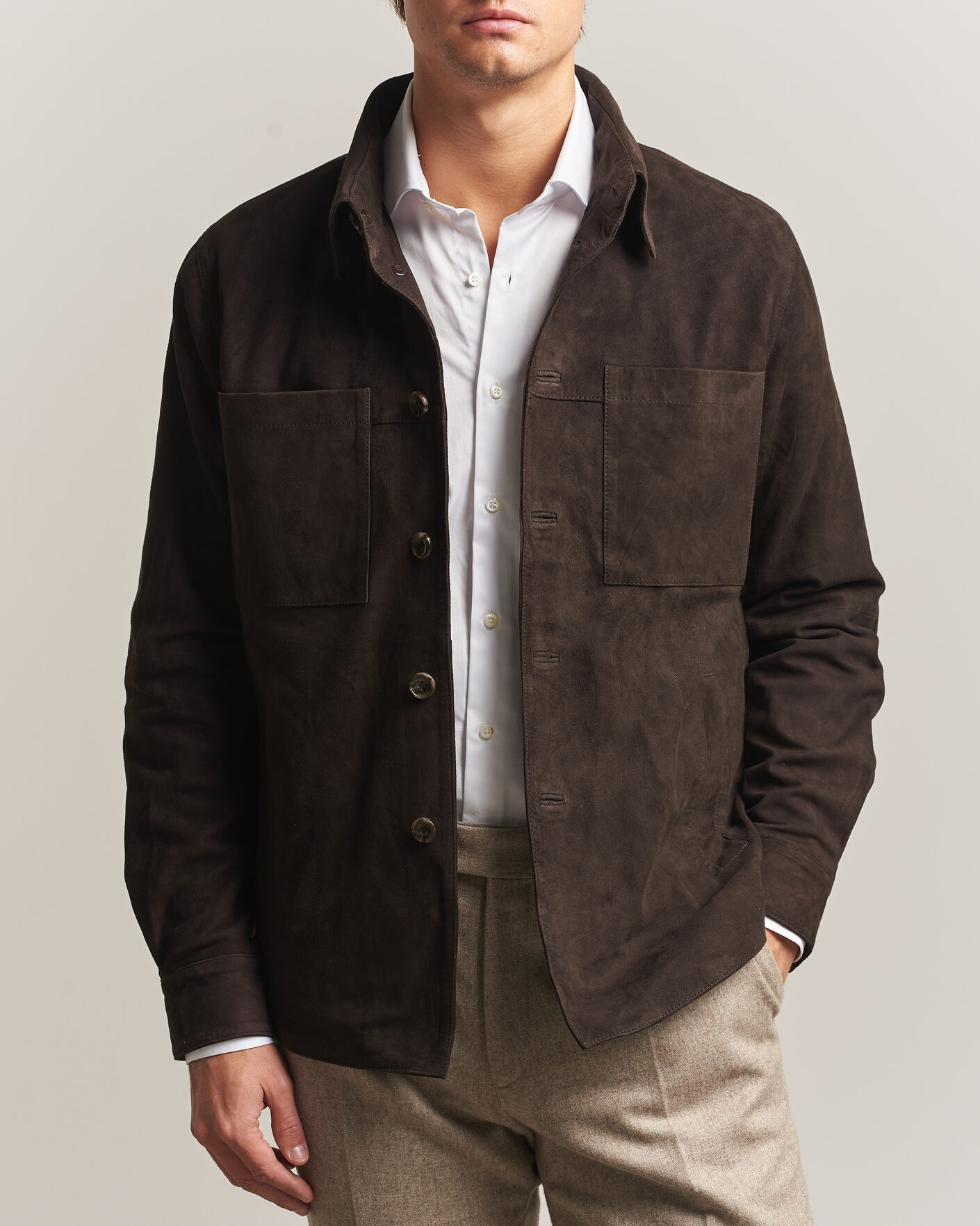 Herre | Skjorter | Stenströms | Goat Suede Overshirt Dark Brown