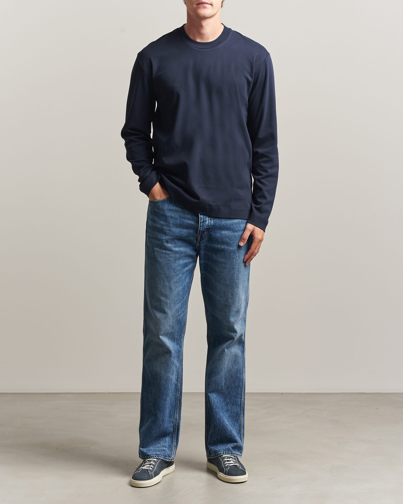 Herre | T-Shirts | Sunspel | Heavy Weight Supima Cotton Long Sleeve T-Shirt Navy