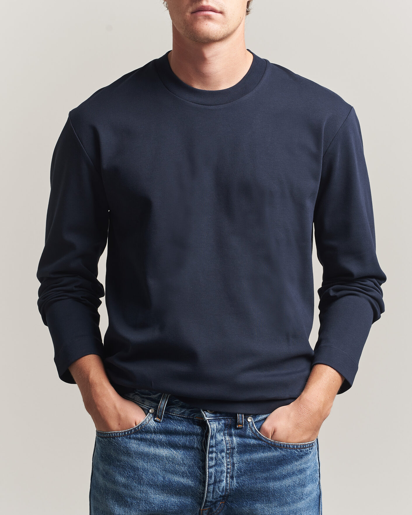 Herre | T-Shirts | Sunspel | Heavy Weight Supima Cotton Long Sleeve T-Shirt Navy