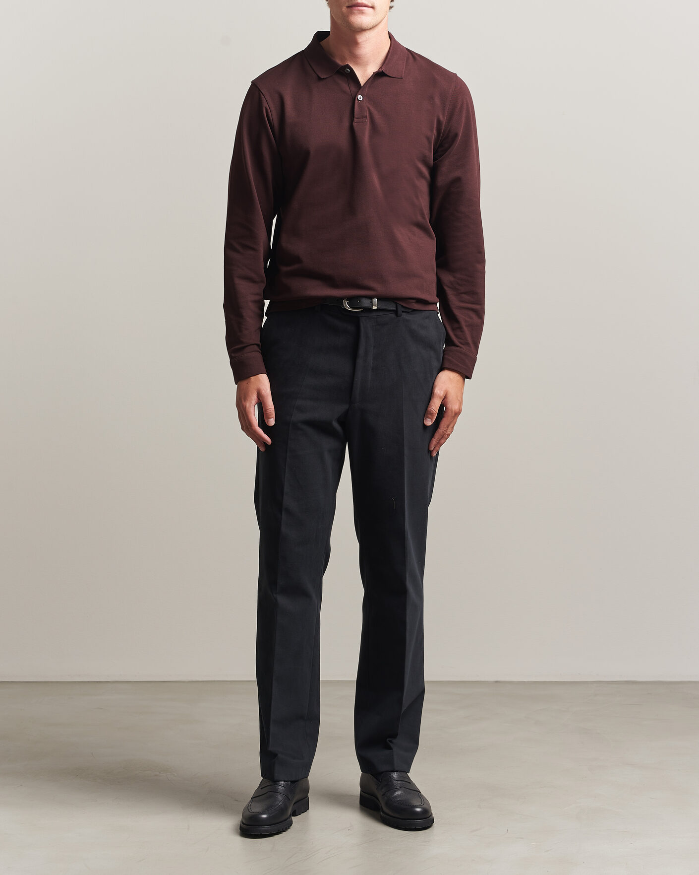 Herre | Pikéer | Sunspel | Supima Cotton Long Sleeve Pique Polo Dark Brown