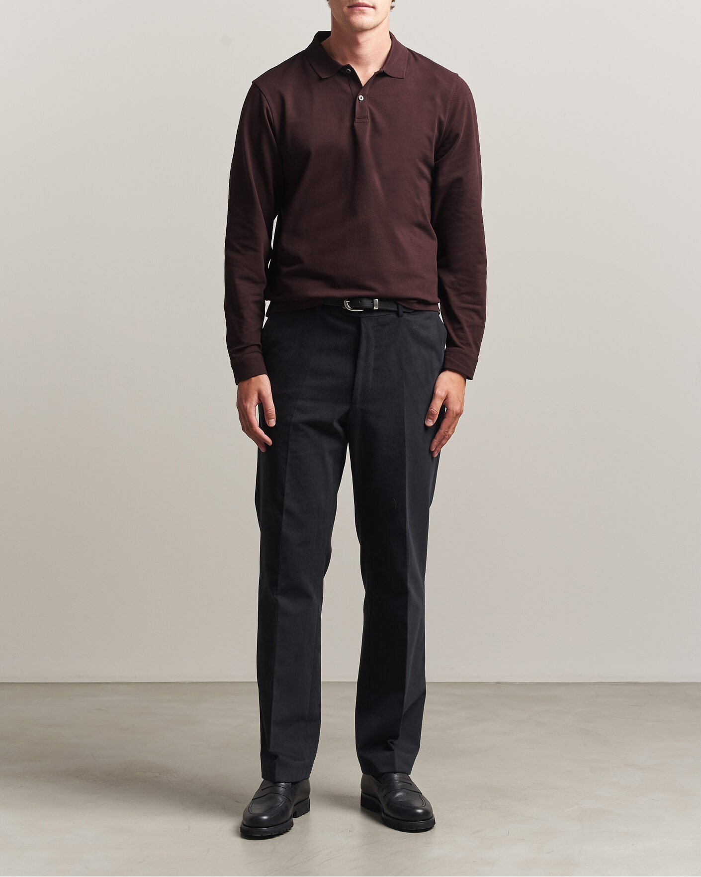 Herre | Pikéer | Sunspel | Supima Cotton Long Sleeve Pique Polo Dark Brown