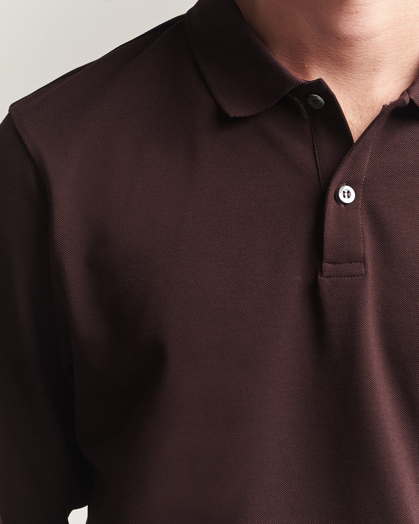 Herre | Pikéer | Sunspel | Supima Cotton Long Sleeve Pique Polo Dark Brown