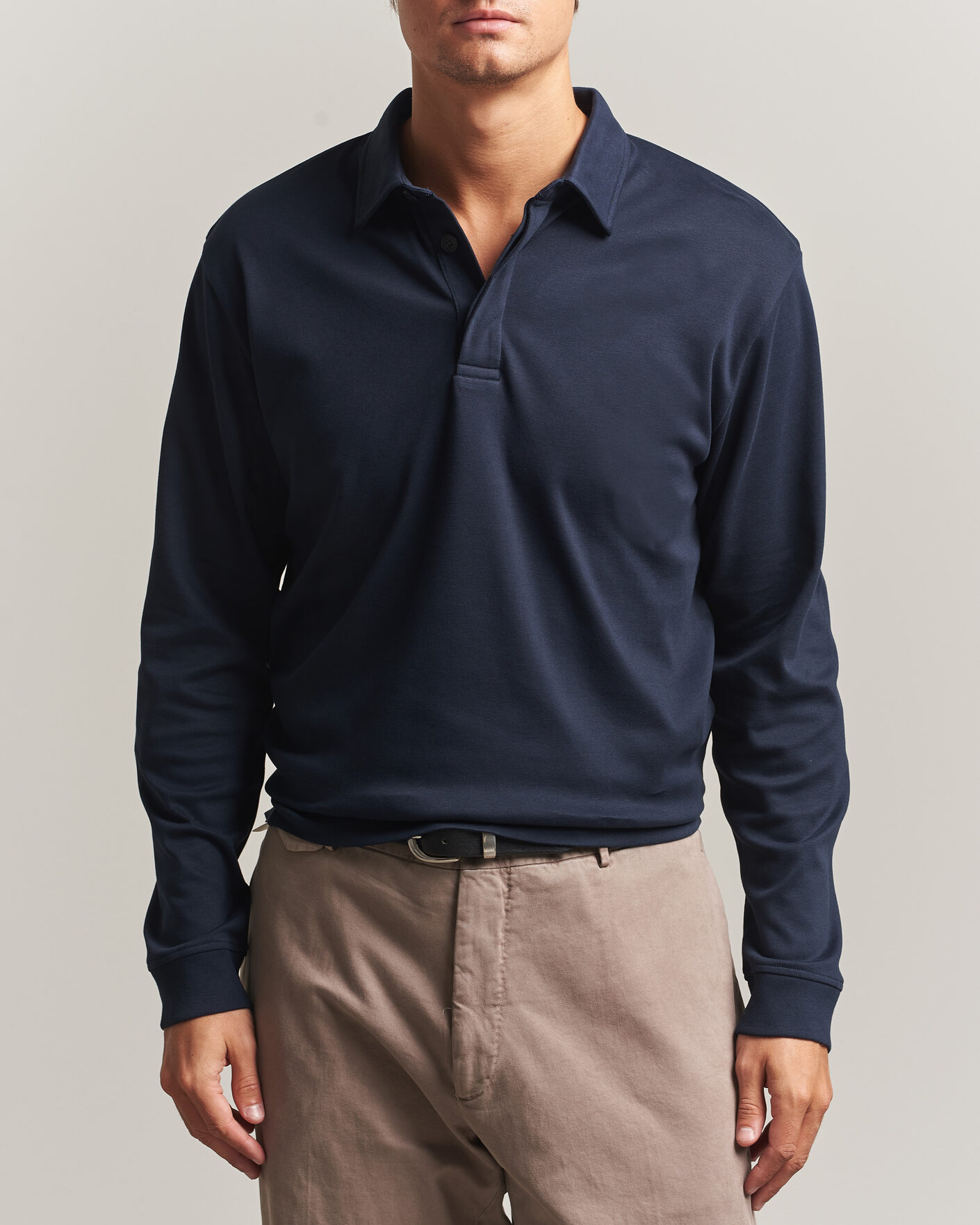 Herre | Pikéer | Sunspel | Heavy Weight Supima Cotton Long Sleeve Polo Navy