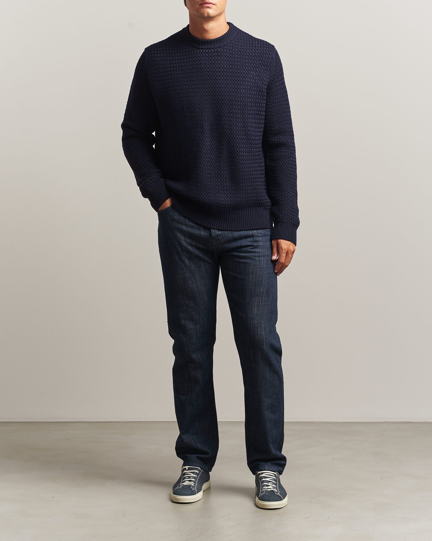 Herre | Gensere | Sunspel | Merino Basketweave Stitch Jumper Navy