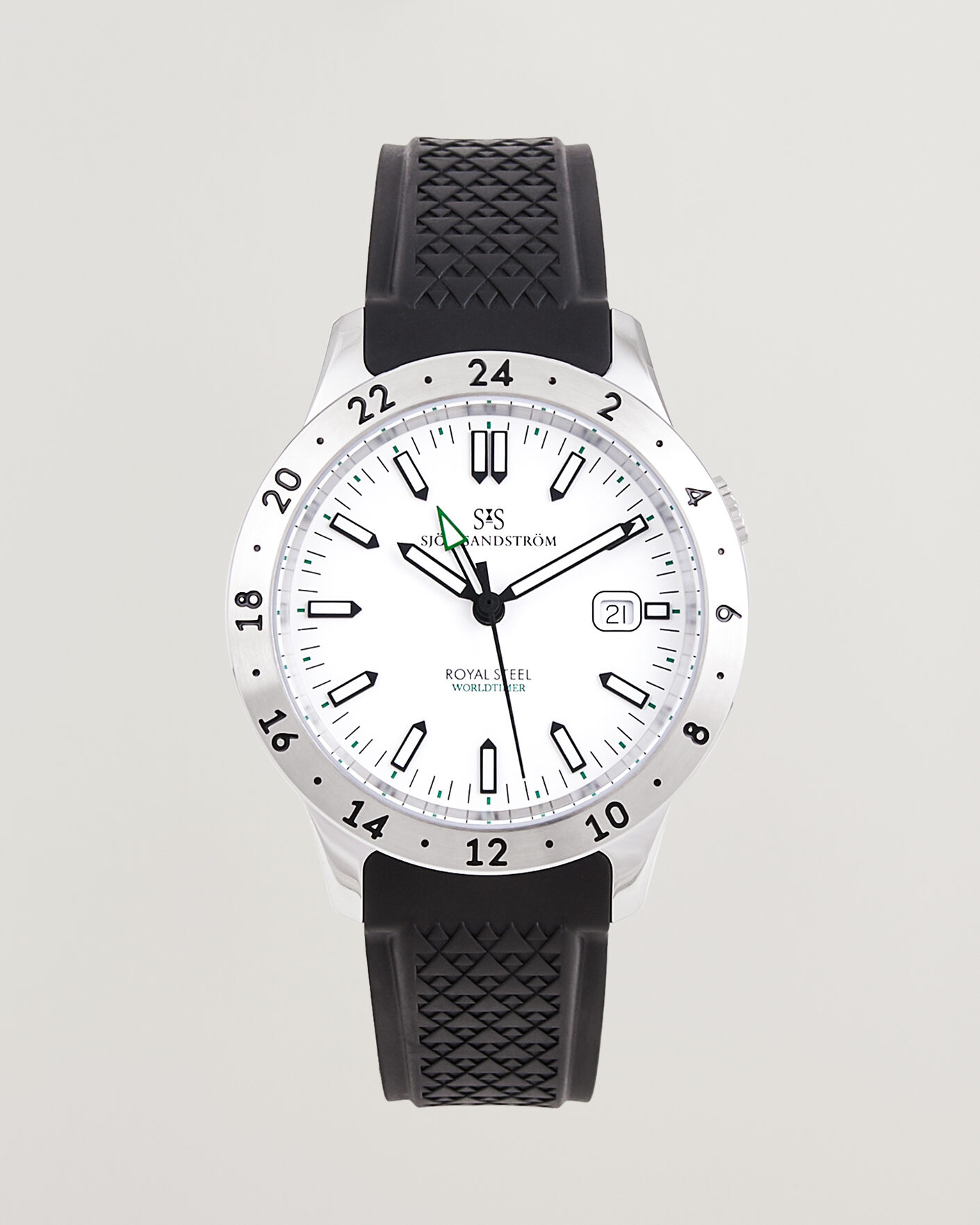 Herre | Sjöö Sandström Royal Steel Worldtimer 41mm Black Rubber White Dial | Sjöö Sandström | Royal Steel Worldtimer 41mm Black Rubber White Dial