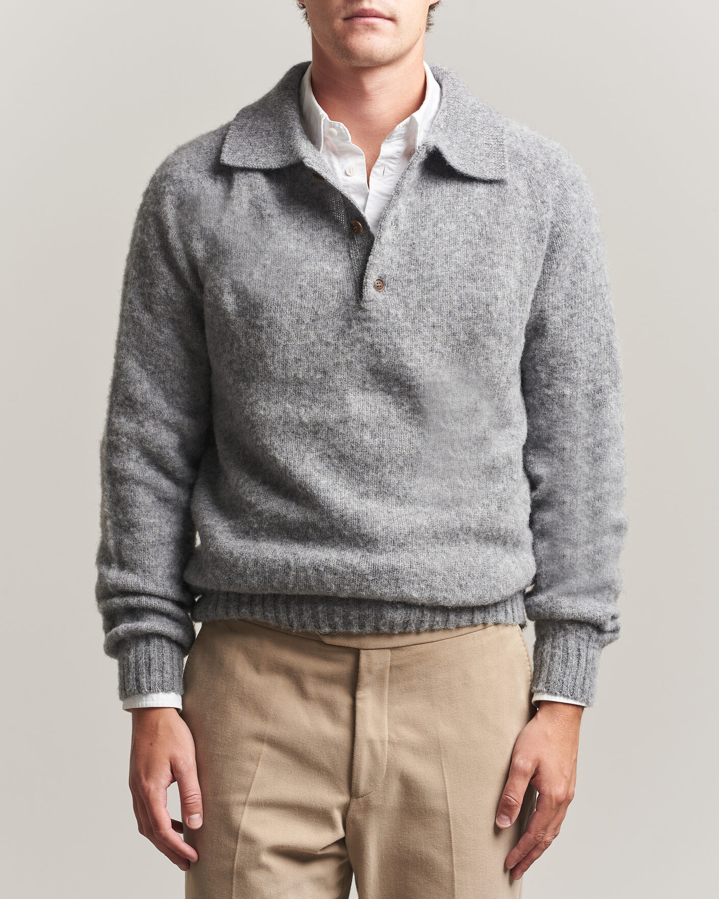 Herre | Gensere | Harley Of Scotland | Brushed Supersoft Lambswool Polo Mid Grey
