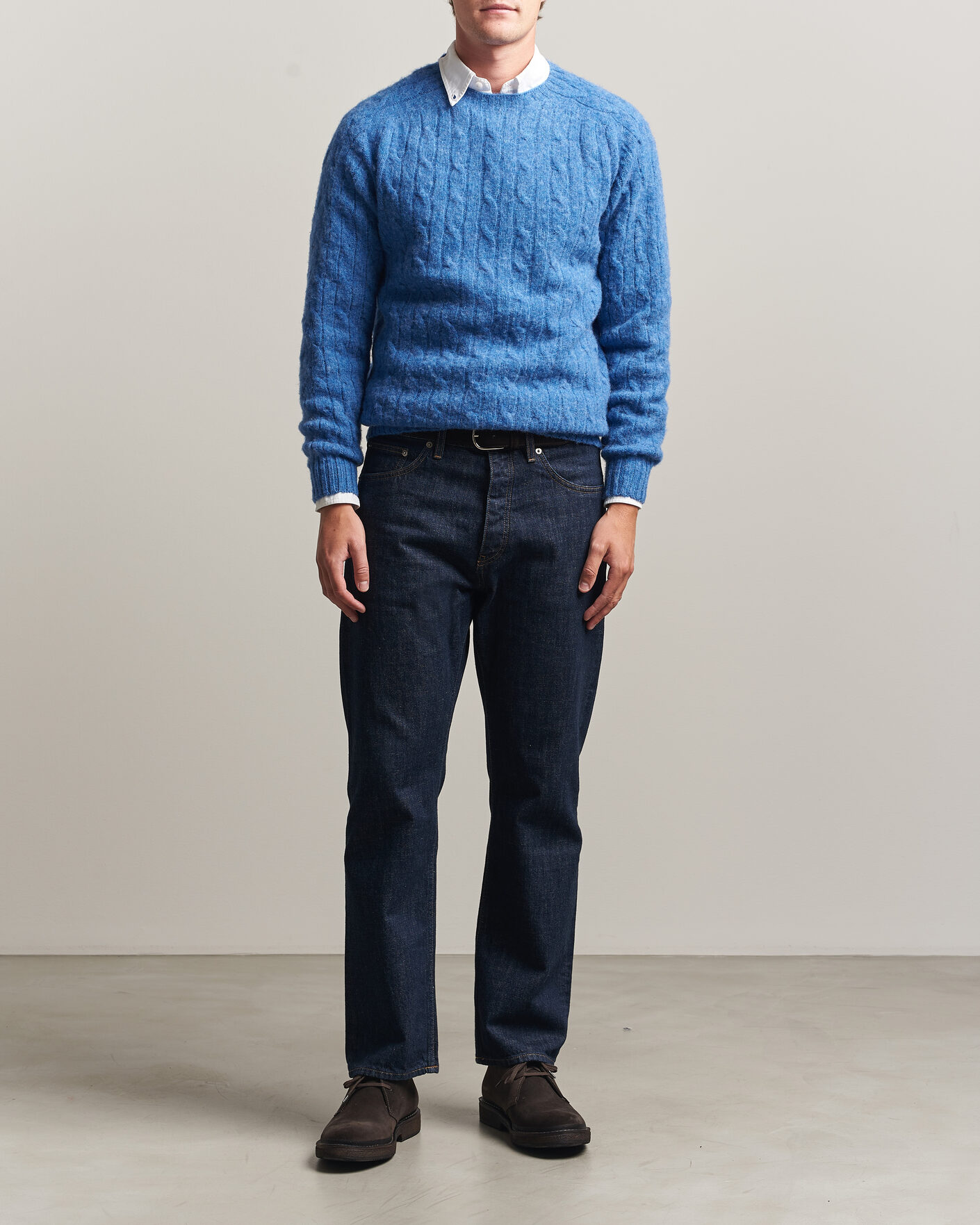 Herre | Gensere | Harley Of Scotland | Brushed Supersoft Lambswool Cable Cobalt
