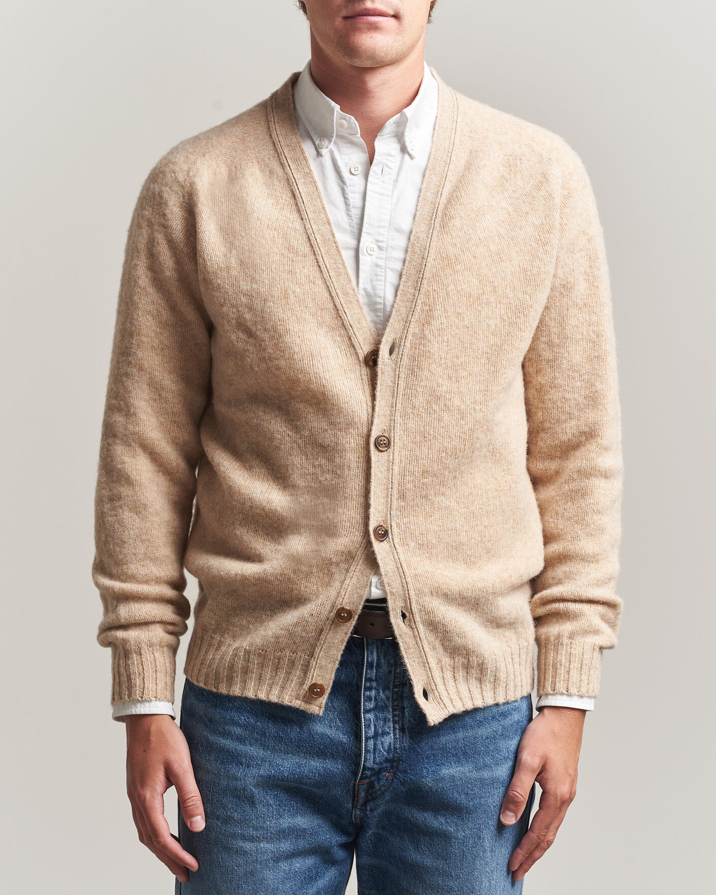 Herre | Gensere | Harley Of Scotland | Brushed Supersoft Lambswool Cardigan Calico