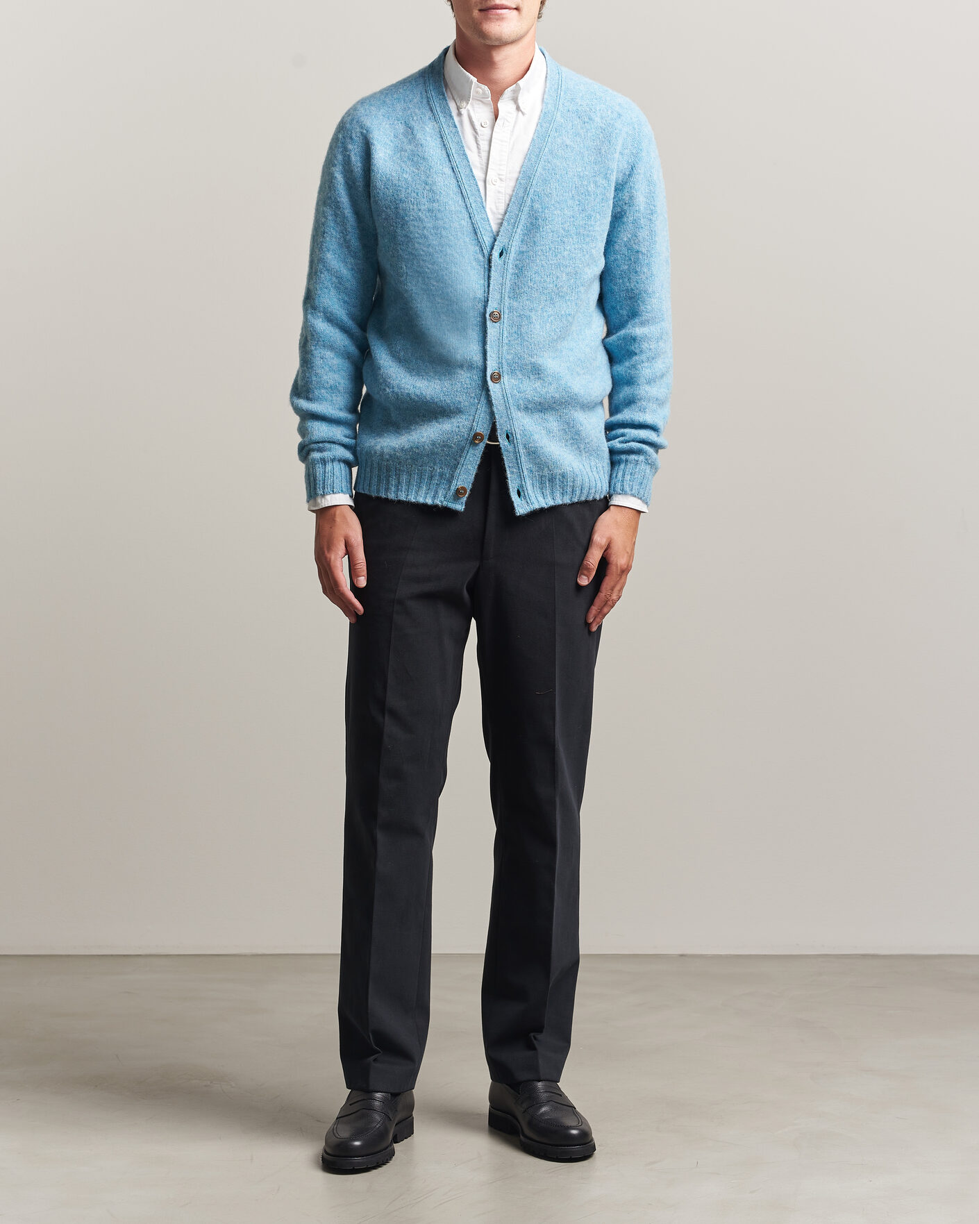 Herre | Gensere | Harley Of Scotland | Brushed Supersoft Lambswool Cardigan Loch Blue