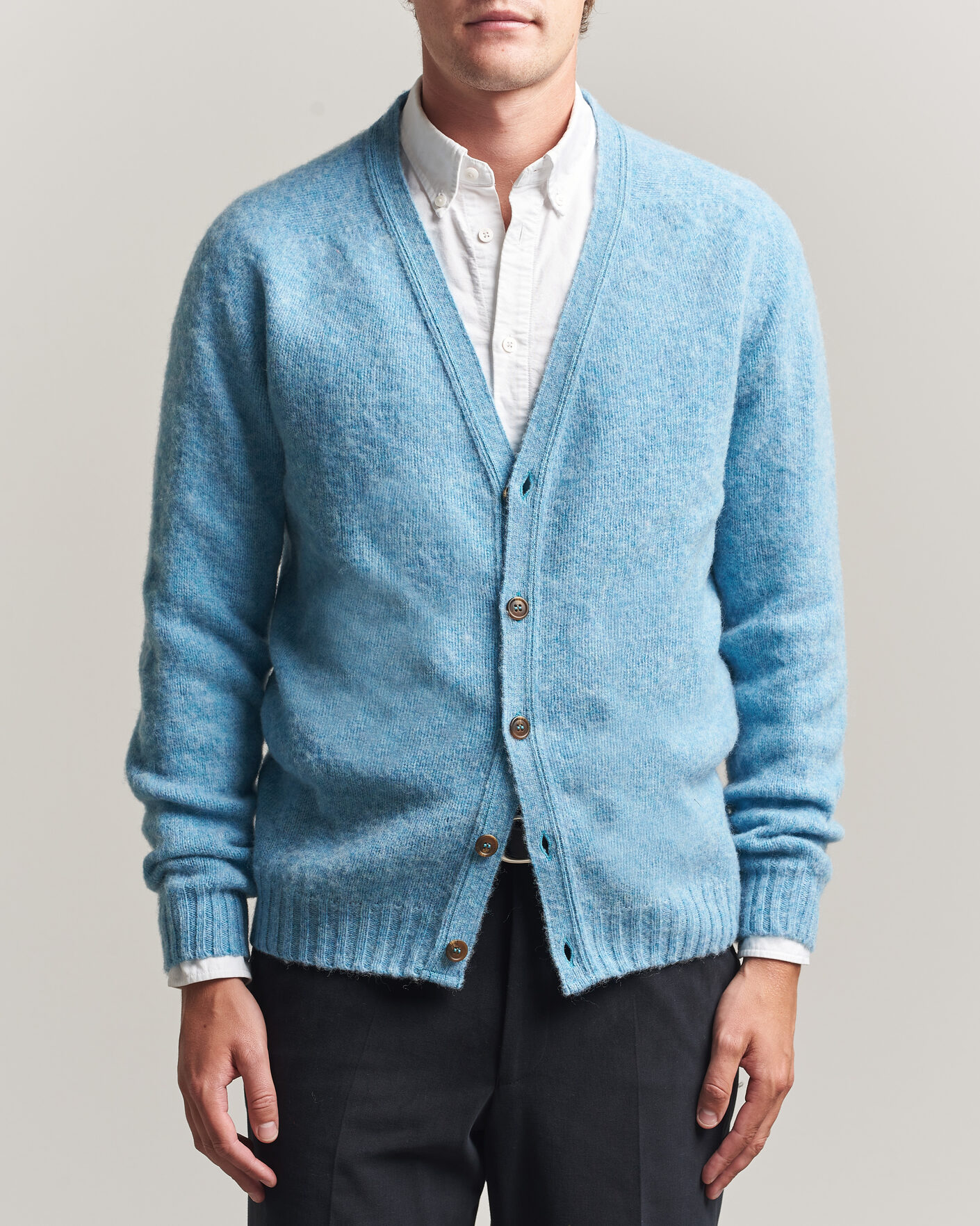 Herre | Gensere | Harley Of Scotland | Brushed Supersoft Lambswool Cardigan Loch Blue
