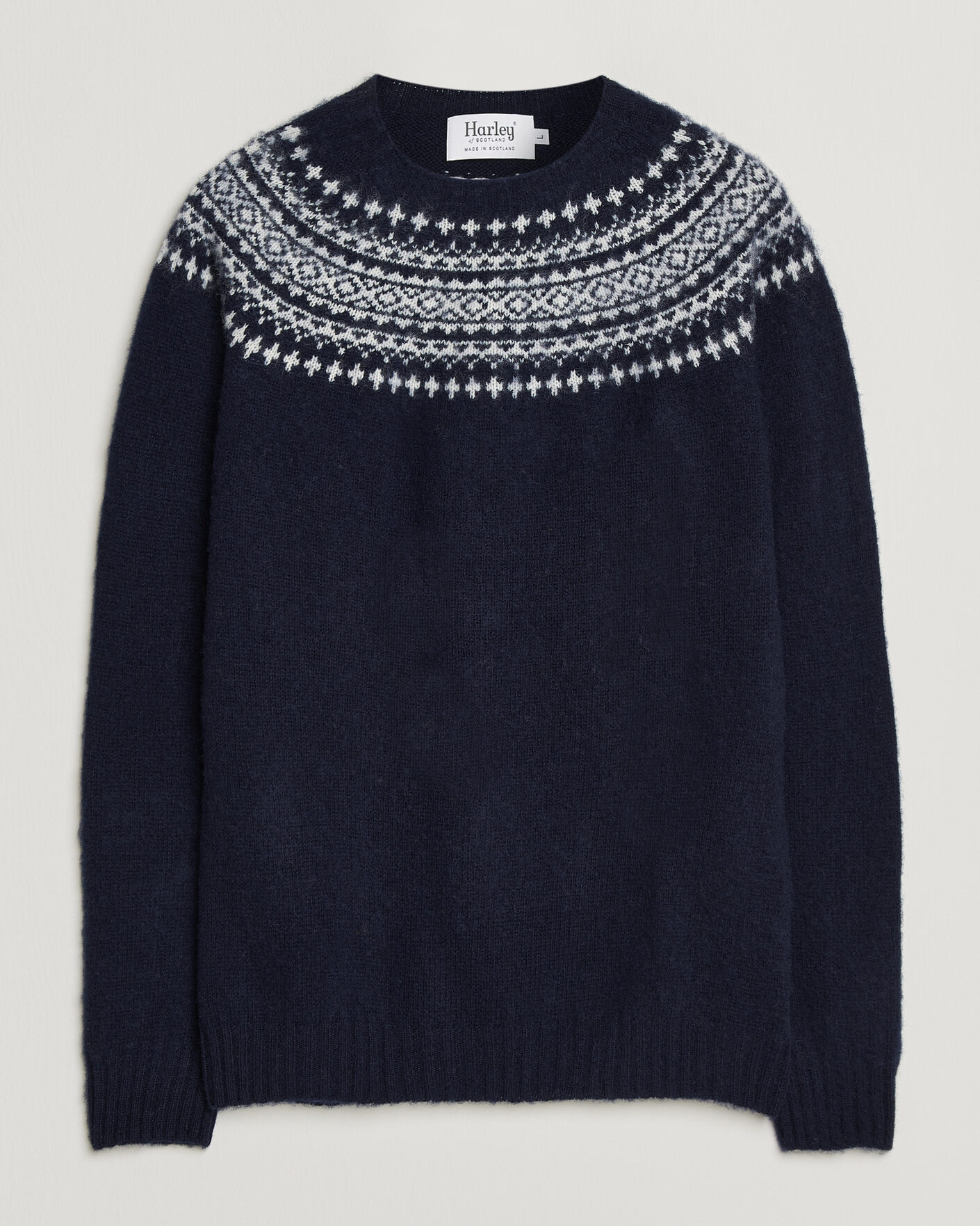 Herre | Gensere | Harley Of Scotland | Brushed Supersoft Lambswool Yolk Fairisle Navy/Snow White