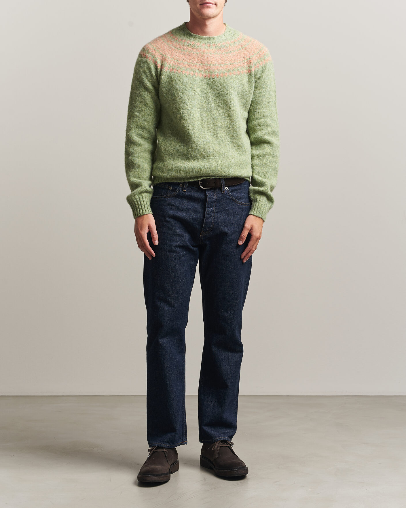 Herre | Gensere | Harley Of Scotland | Brushed Supersoft Lambswool Yolk Fairisle Sage/Parfait