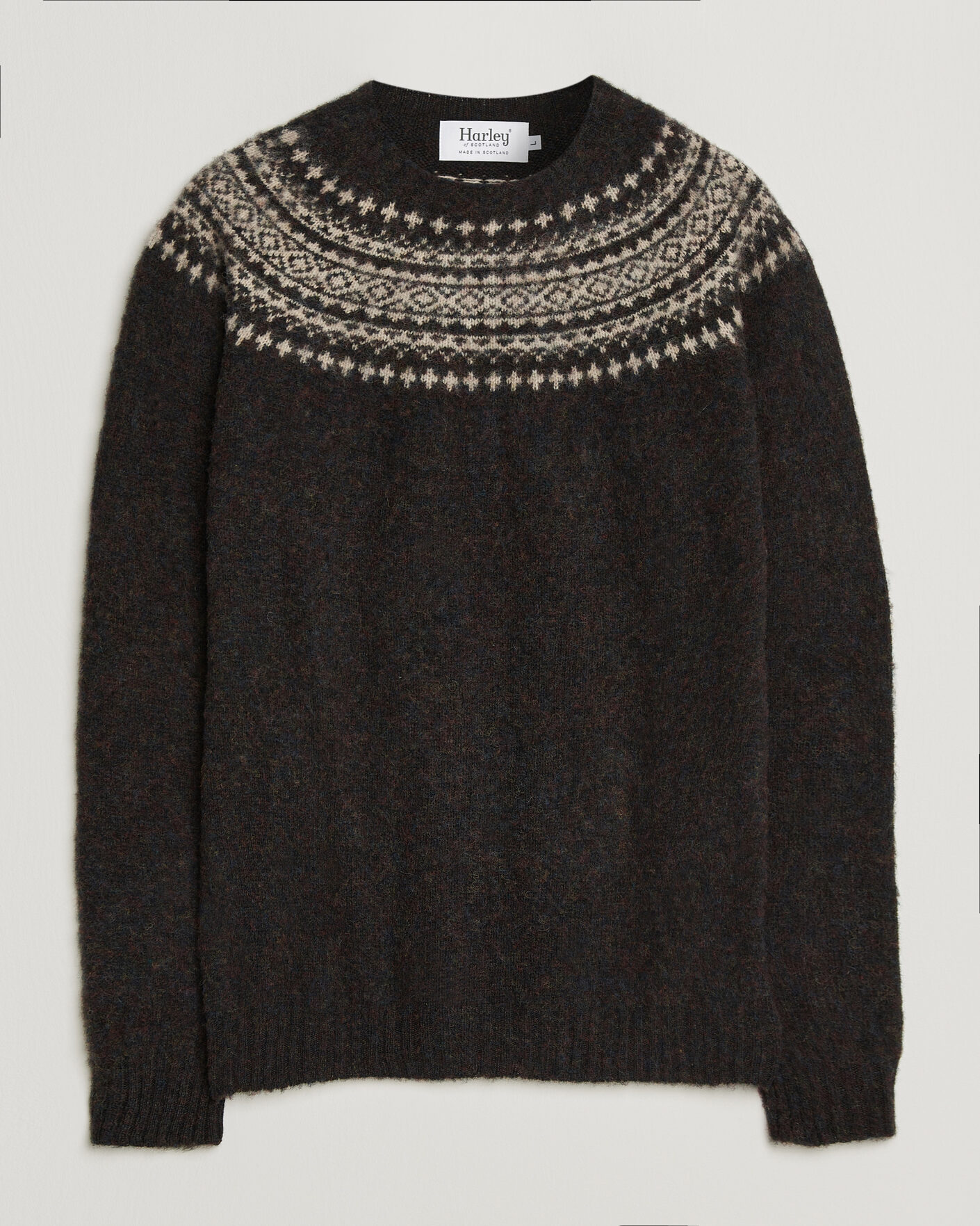 Herre | Gensere | Harley Of Scotland | Brushed Supersoft Lambswool Yolk Fairisle Volcano/Cameo