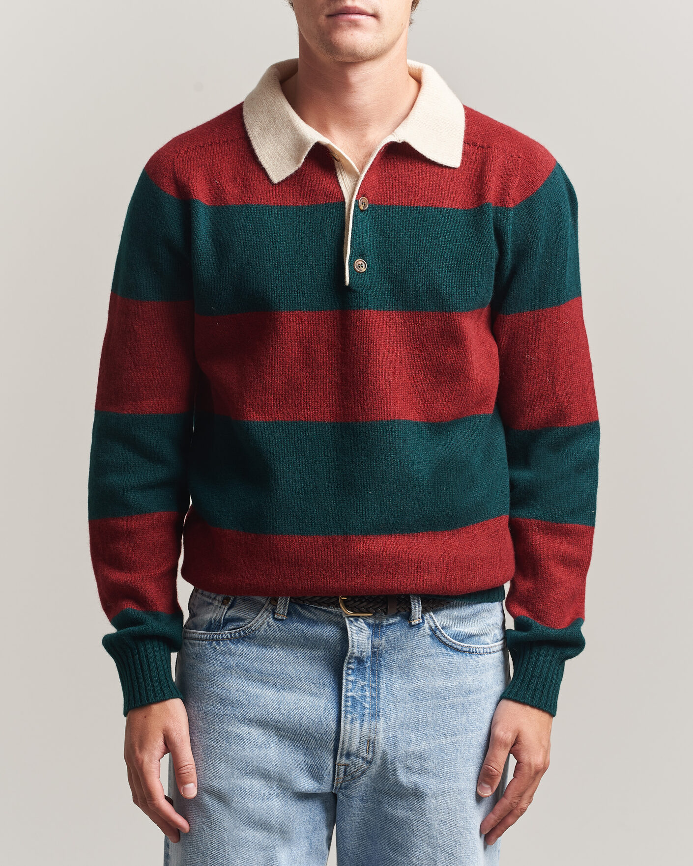 Herre | Gensere | Harley Of Scotland | Supersoft 2ply Lambswool Rugby Green/Red