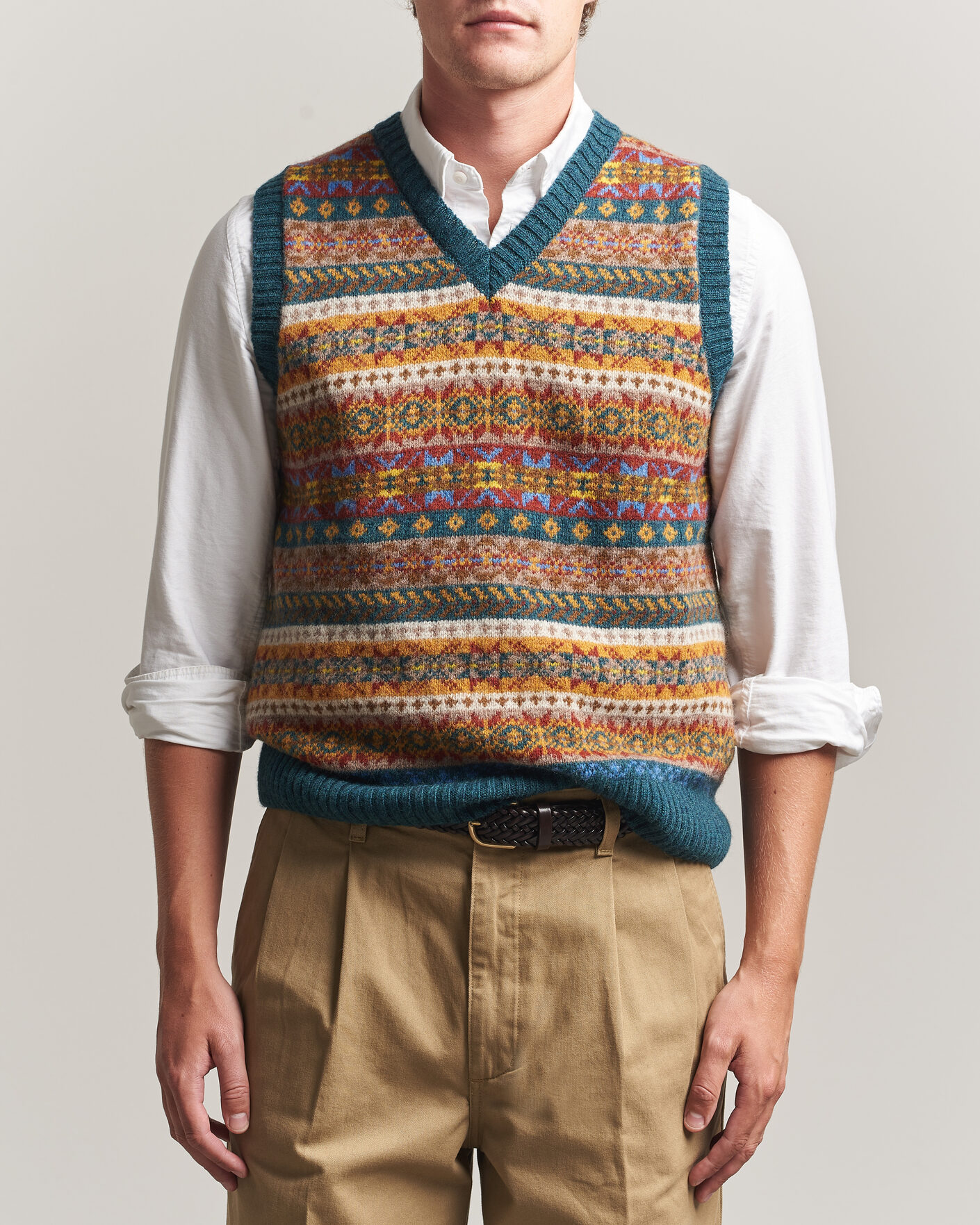 Herre | Gensere | Harley Of Scotland | Supersoft 2ply Lambswool Fairisle Vest Tempest