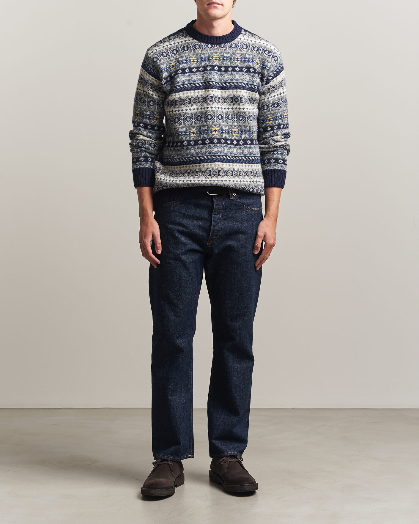 Herre | Gensere | Harley Of Scotland | Supersoft 2ply Lambswool Fairisle Crew Navy
