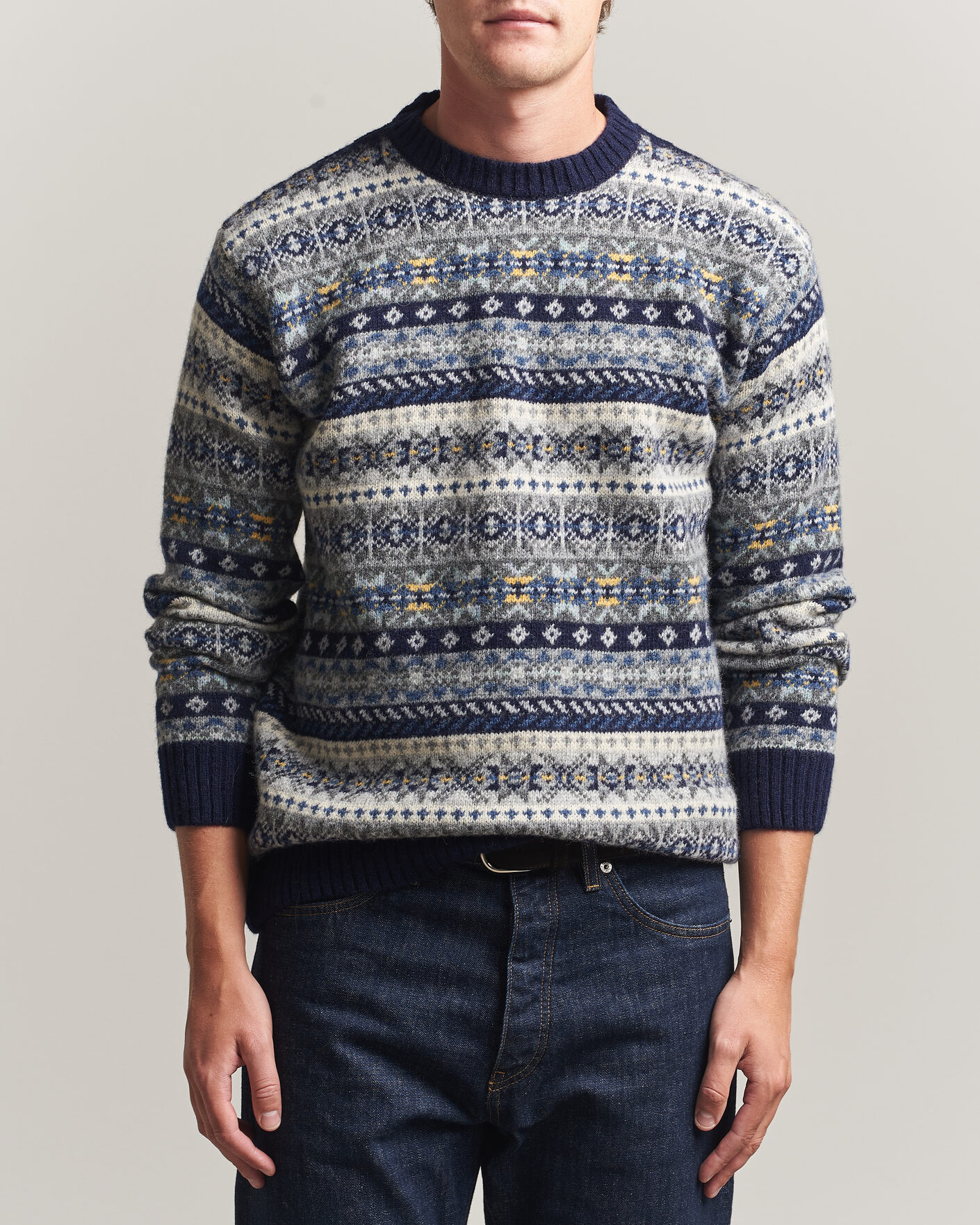 Herre | Gensere | Harley Of Scotland | Supersoft 2ply Lambswool Fairisle Crew Navy