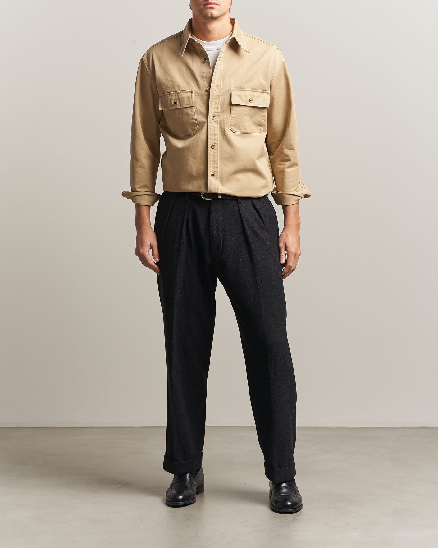 Herre | Skjorter | Kamakura Shirts | Cotton Twill CPO Overshirt Beige