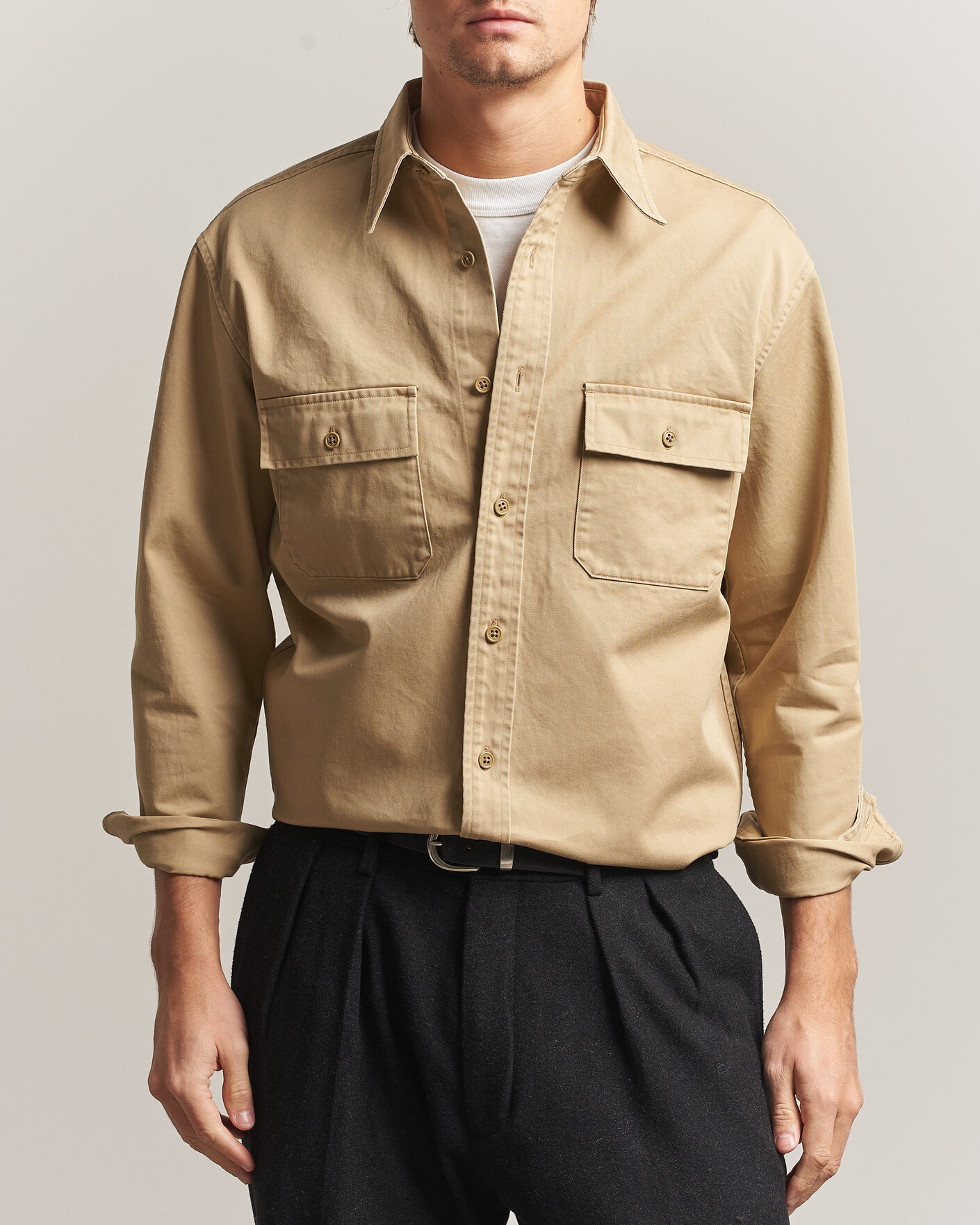 Herre | Skjorter | Kamakura Shirts | Cotton Twill CPO Overshirt Beige