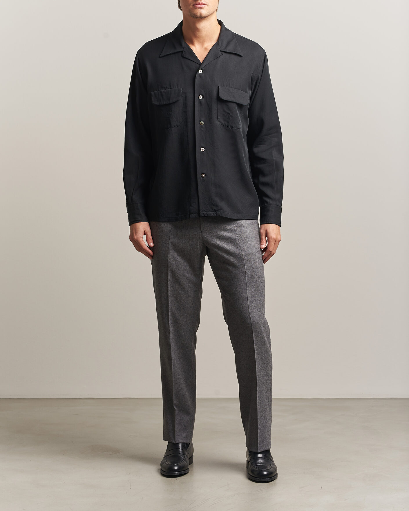 Herre | Skjorter | Kamakura Shirts | Vintage Open Collar Shirt Black